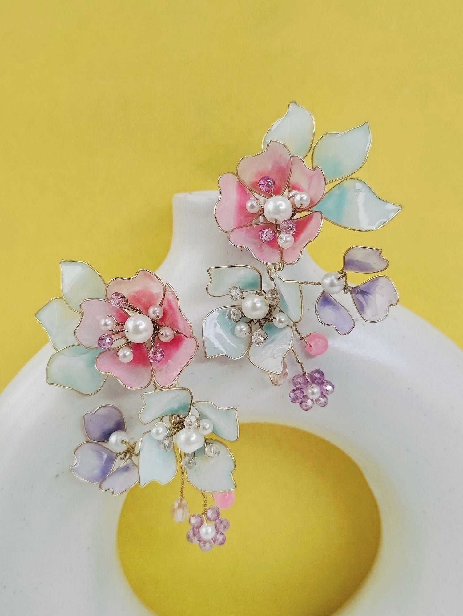 Powder blue and pink resin earrings, floral design, lightweight handmade statement earrings for women, pastel jewelry