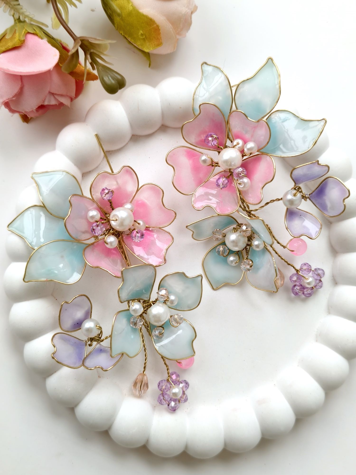 Powder blue and pink resin earrings, floral design, lightweight handmade statement earrings for women, pastel jewelry