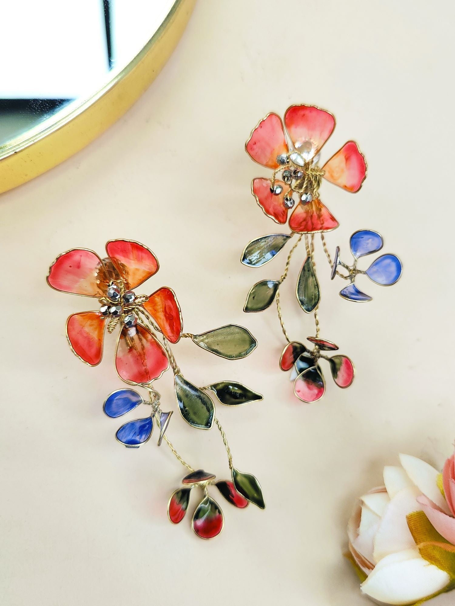 Pink floral resin earring for women, lightweight haldi mehendi jewelry
