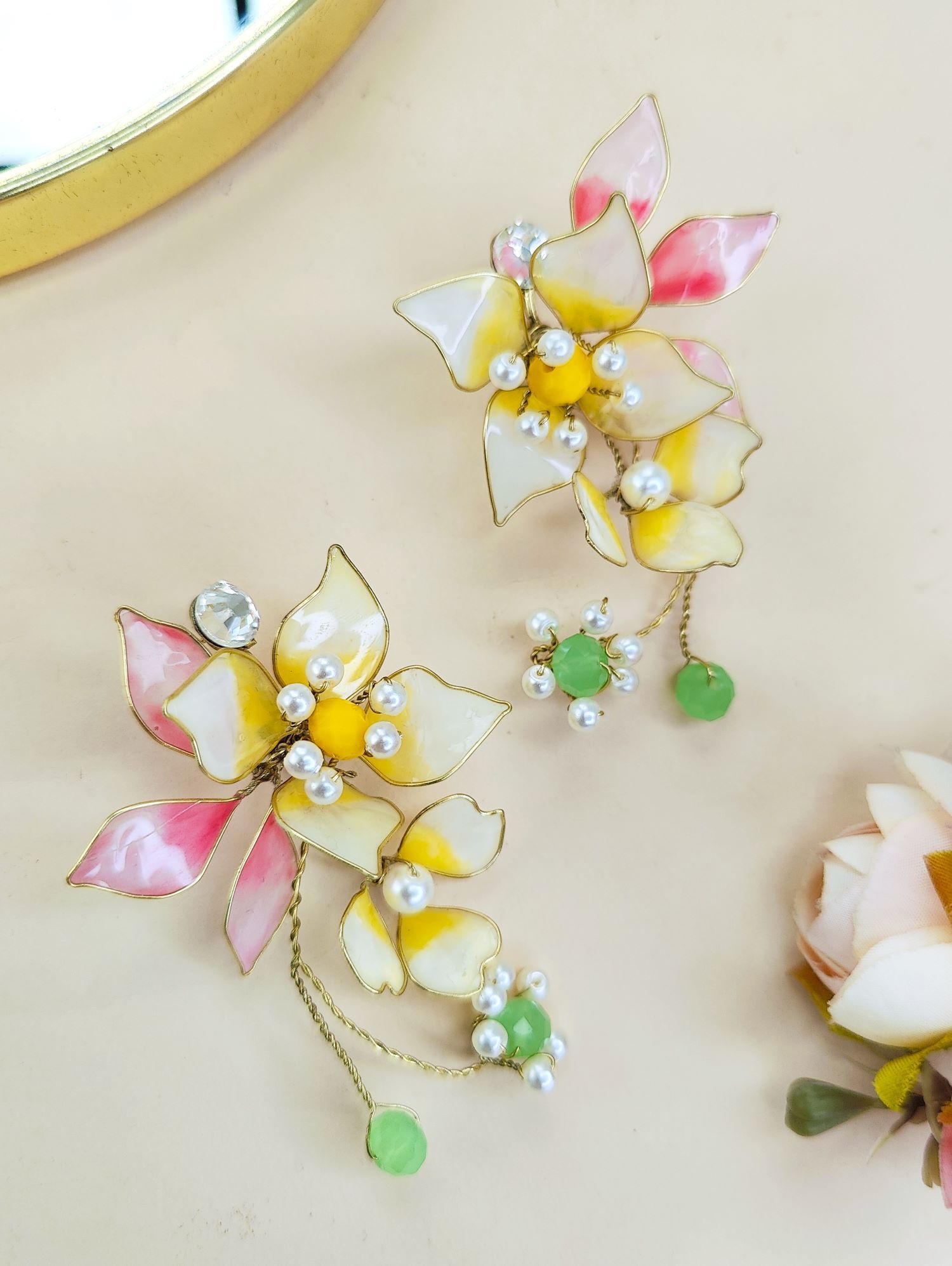pastel yellow floral resin earring, lightweight handmade statement