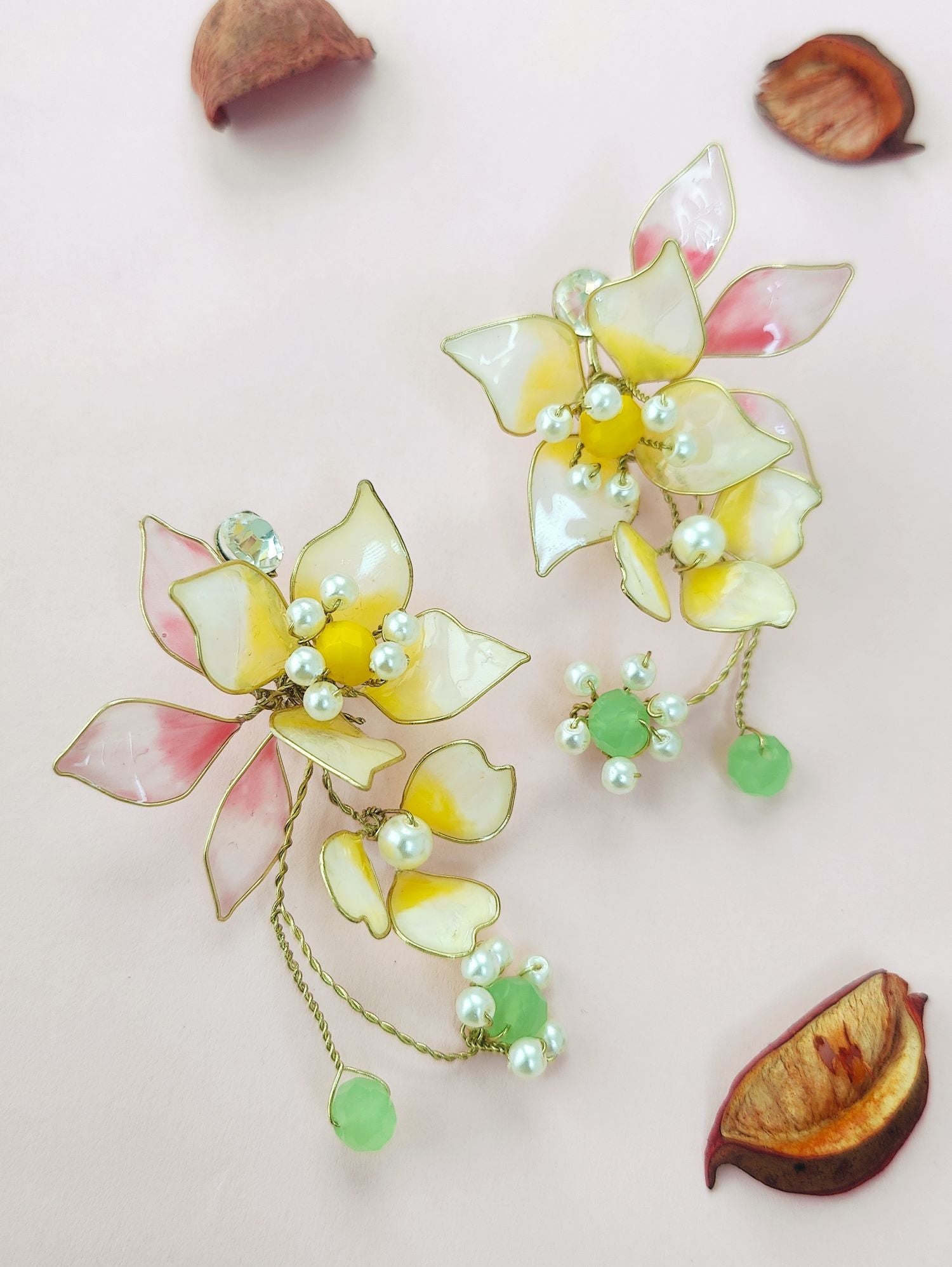 pastel yellow floral resin earring, lightweight handmade statement