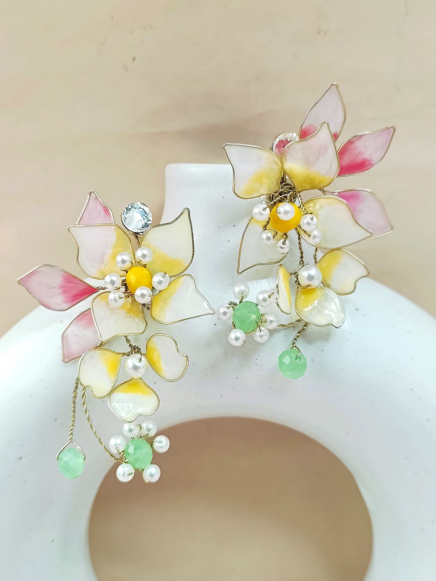 pastel yellow floral resin earring, lightweight handmade statement
