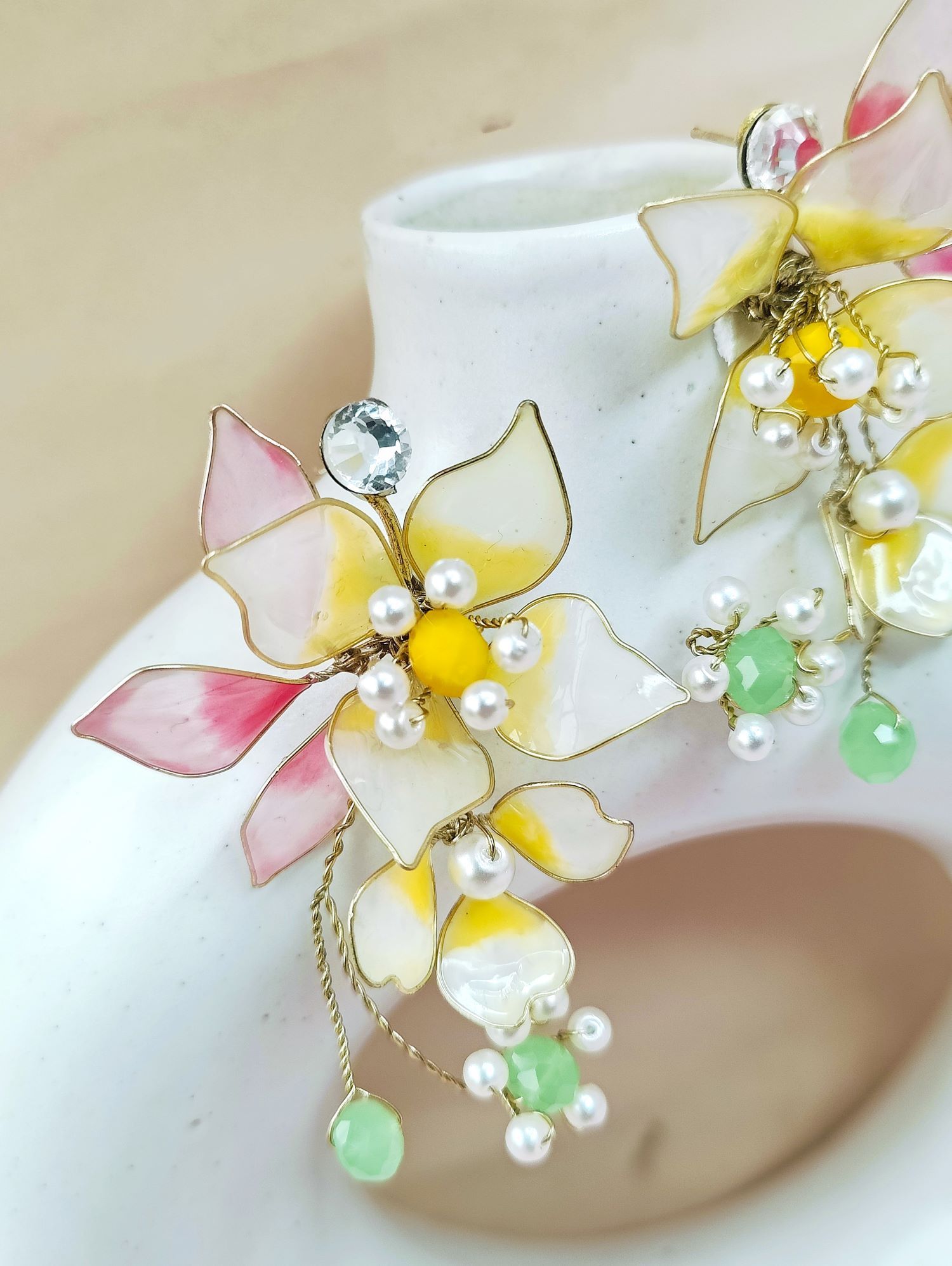 pastel yellow floral resin earring, lightweight handmade statement