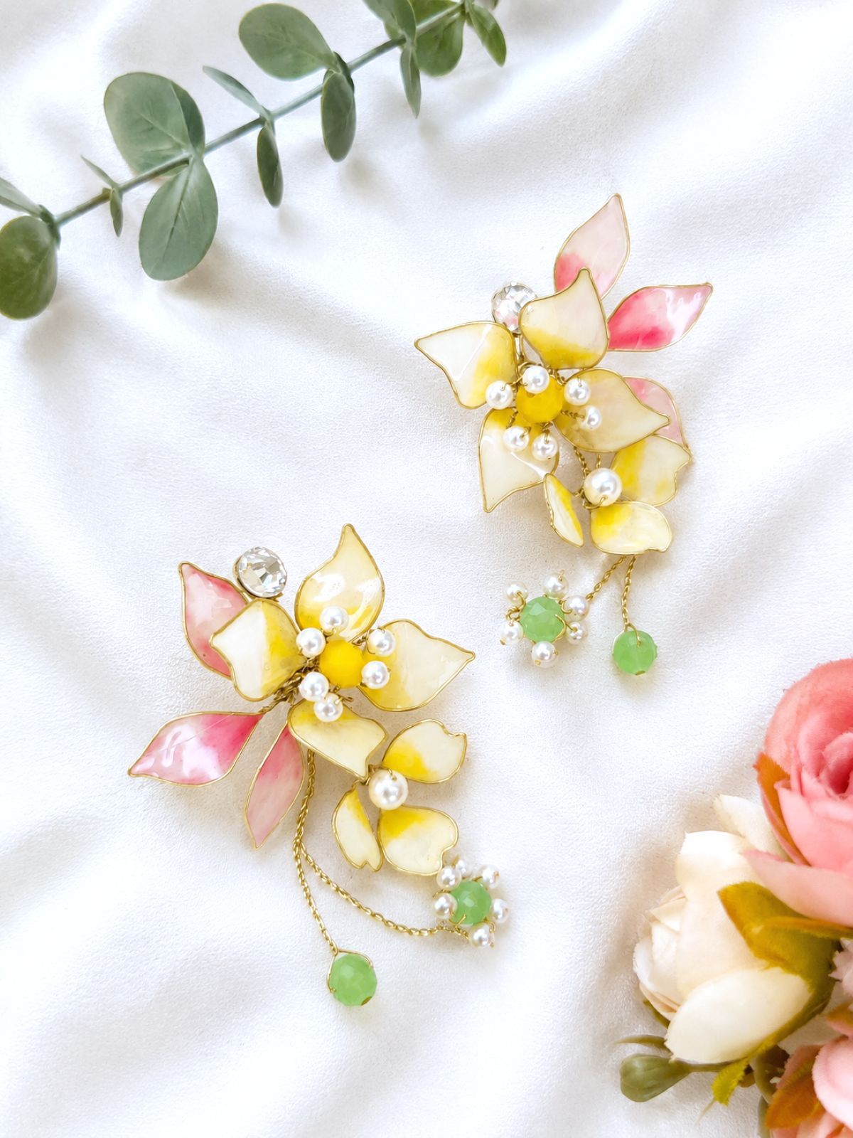 pastel yellow floral resin earring, lightweight handmade statement