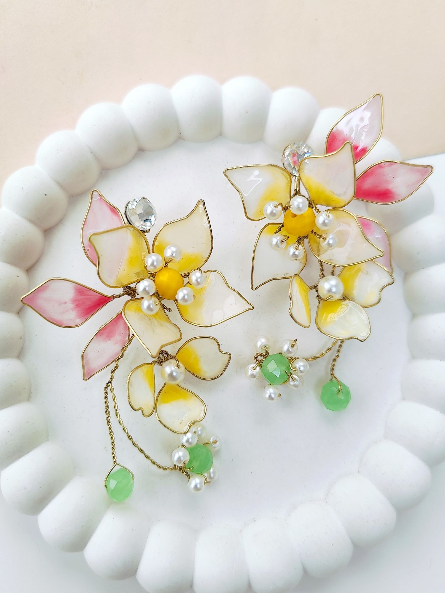 pastel yellow floral resin earring, lightweight handmade statement