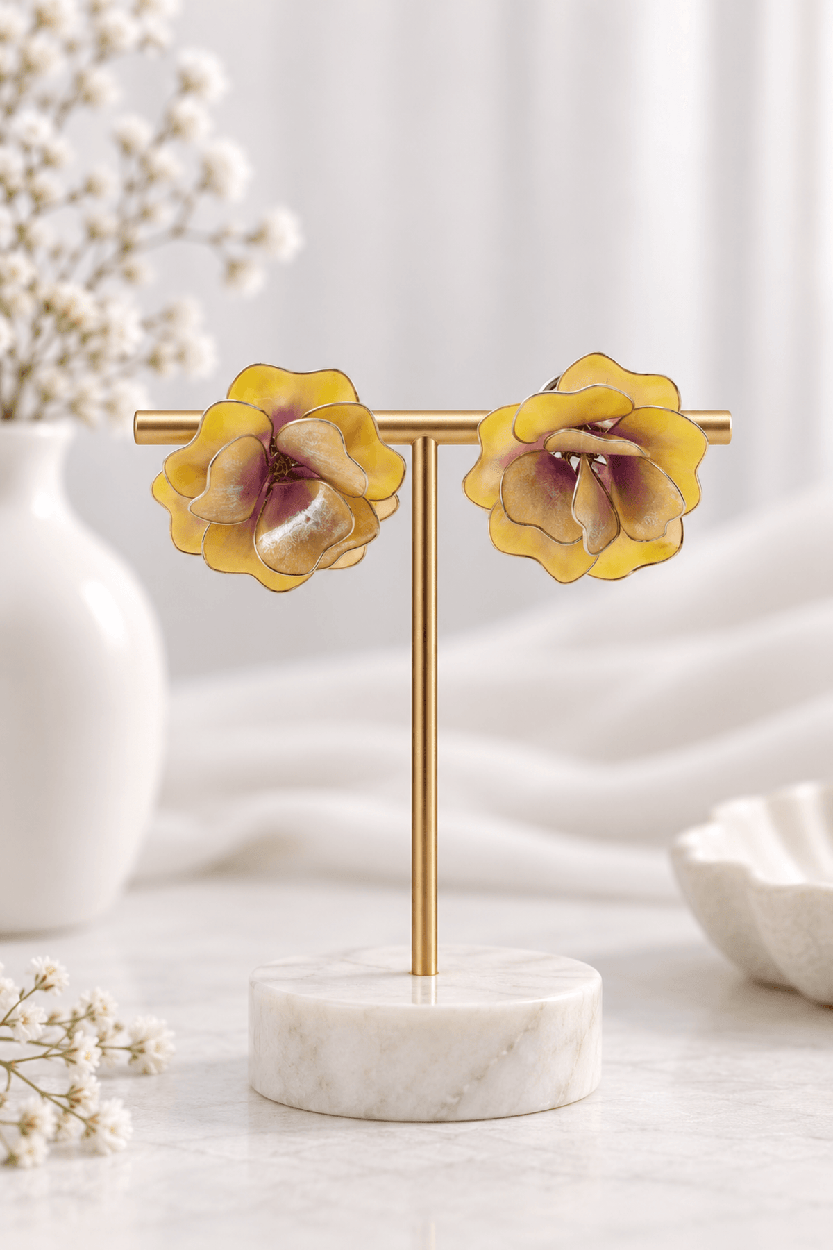 Yellow and purple floral resin earring, lightweight statement earrings for women
