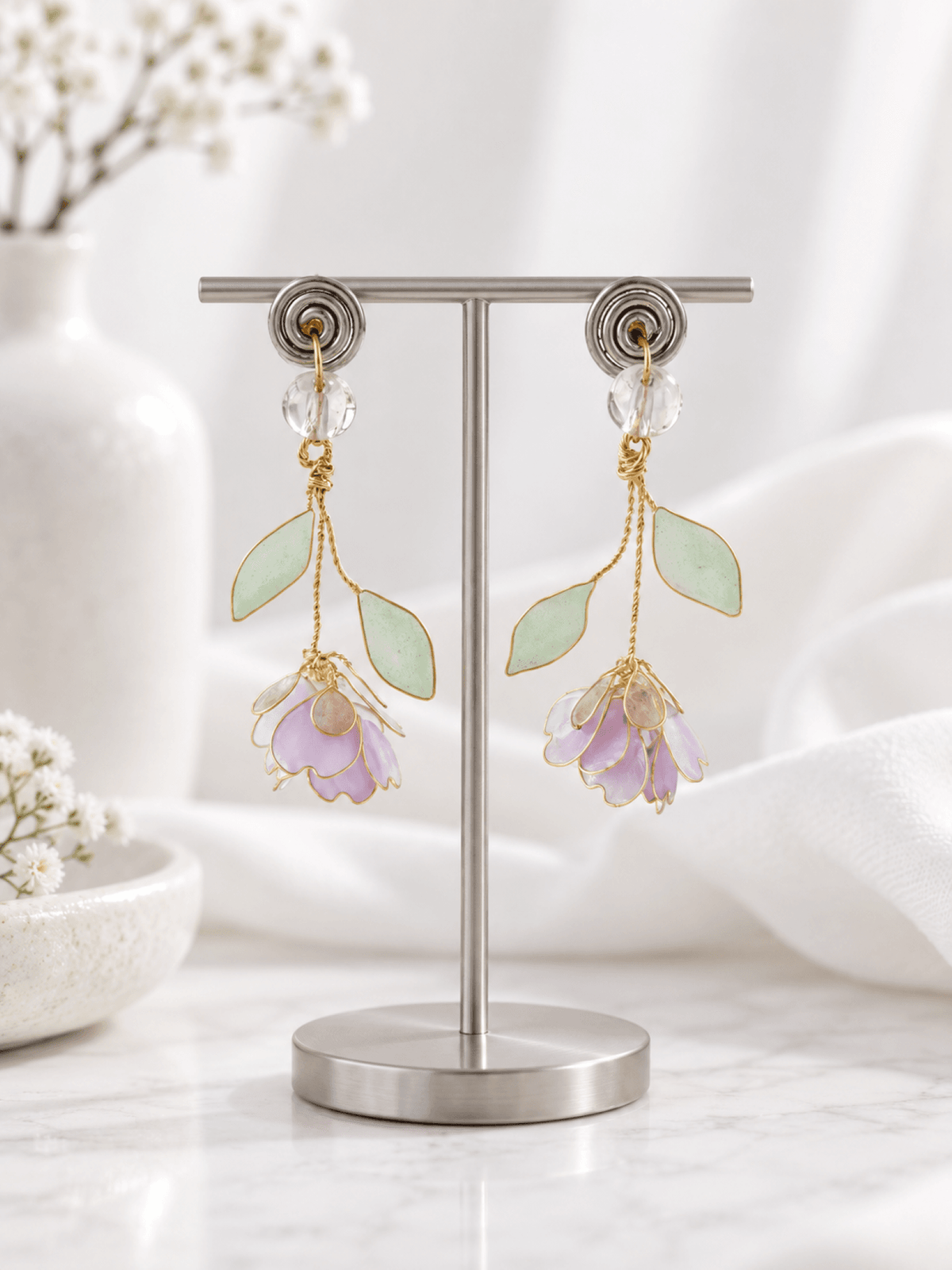 lavender mint green floral resin earrings for women, lightweight