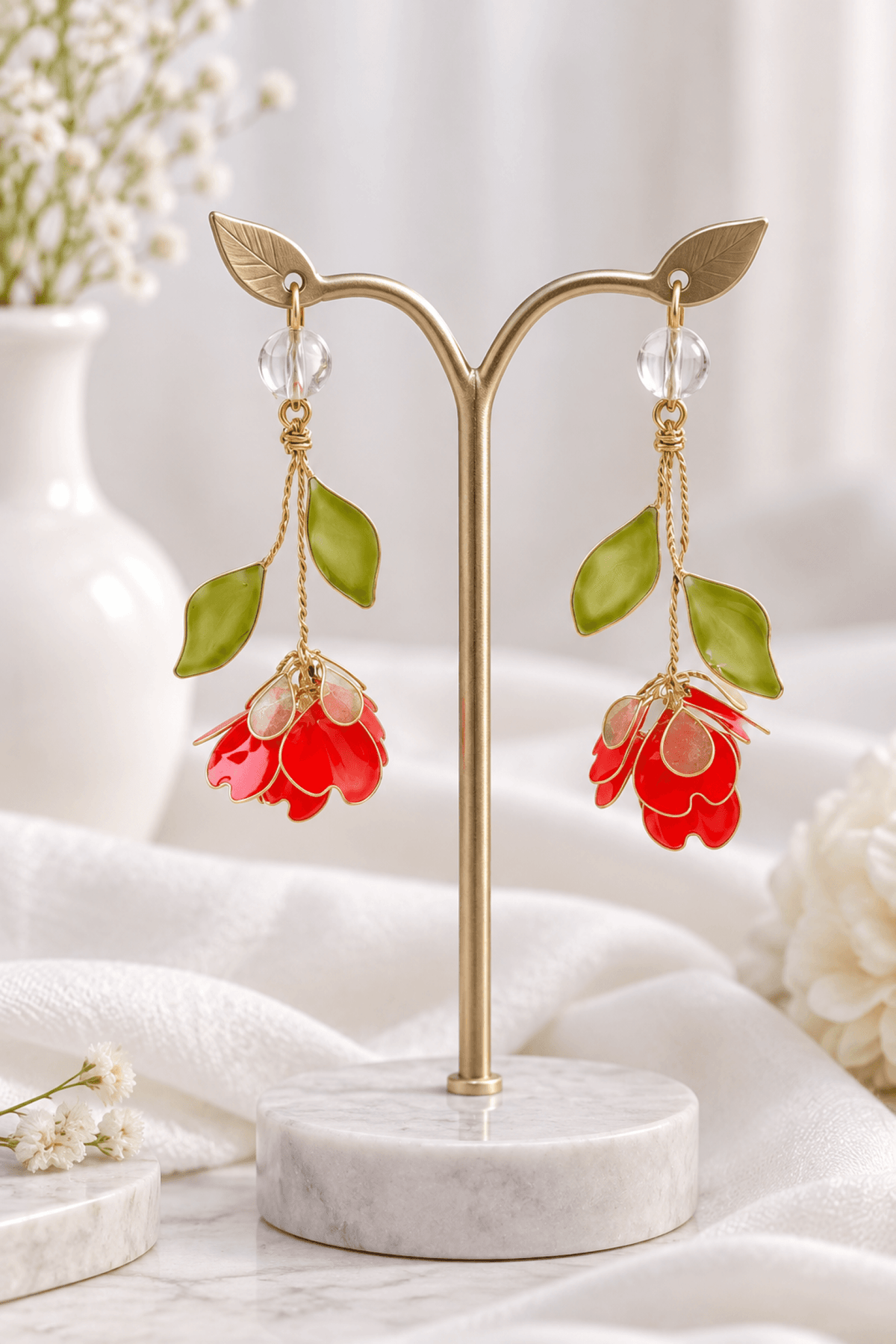 Lightweight floral resin earrings for women, red and green haldi