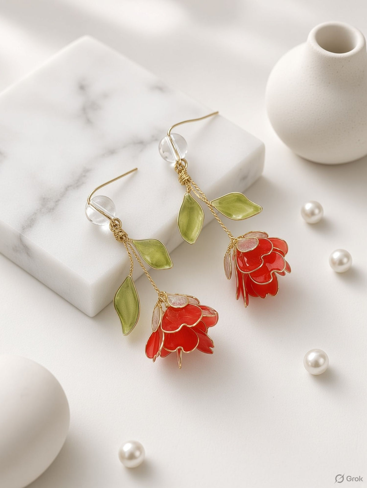 Lightweight floral resin earrings for women, red and green haldi