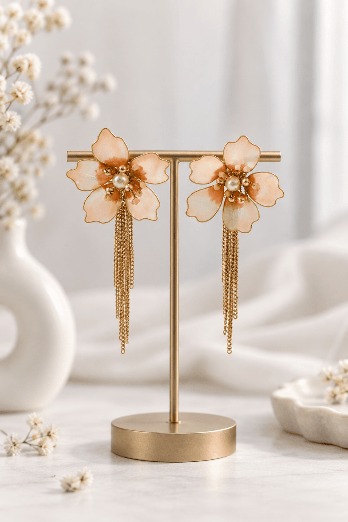 peach floral resin earring, lightweight statement earrings for women