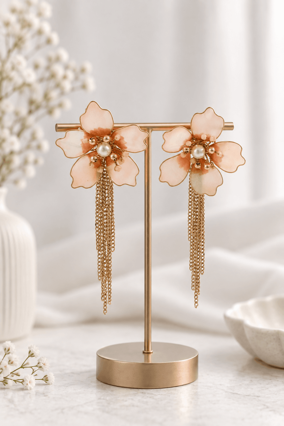 peach floral resin earring, lightweight statement earrings for women