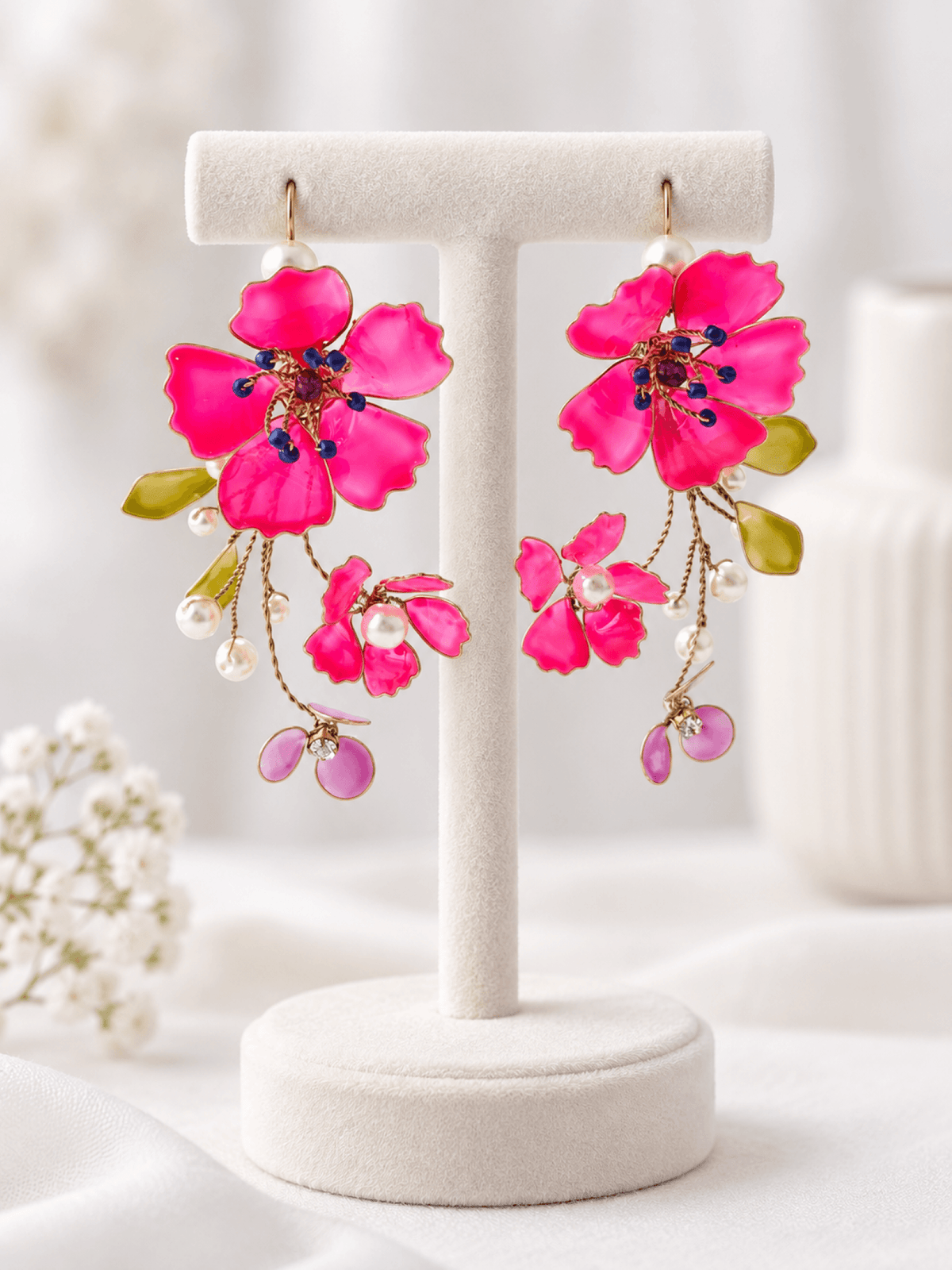 Hot pink floral resin earrings for women, lightweight leaf design