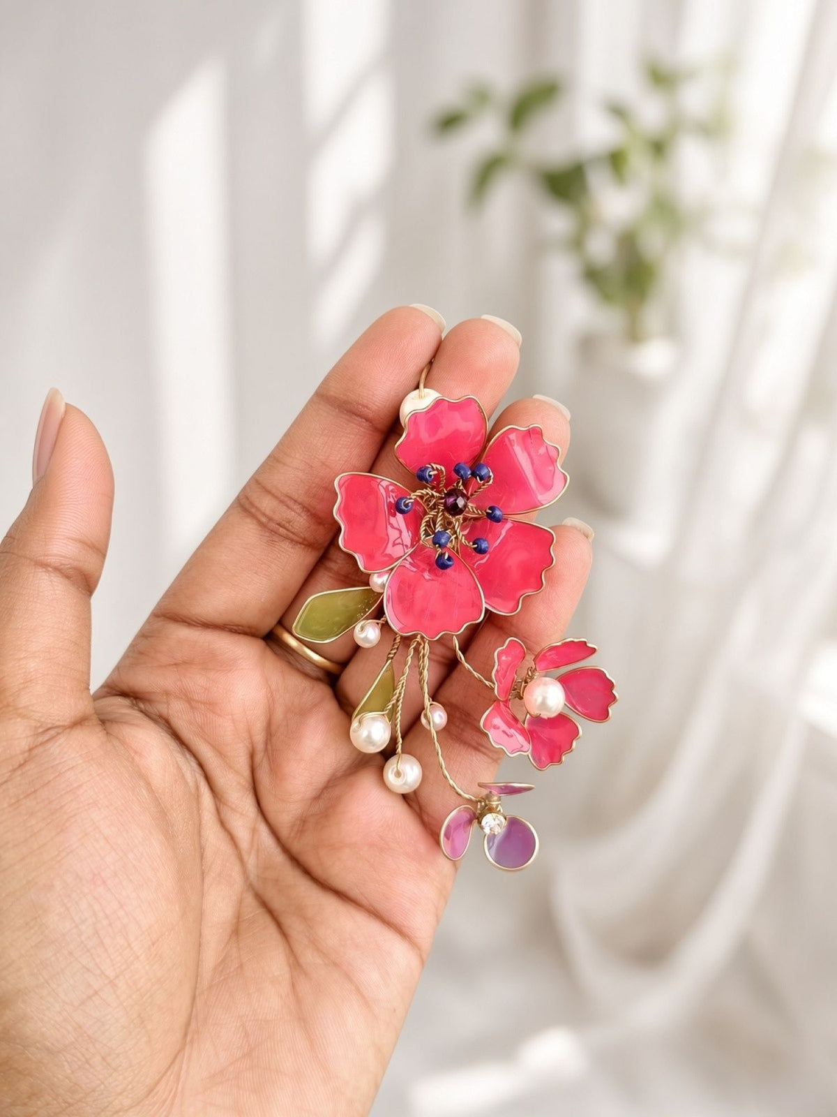 Hot pink floral resin earrings for women, lightweight leaf design