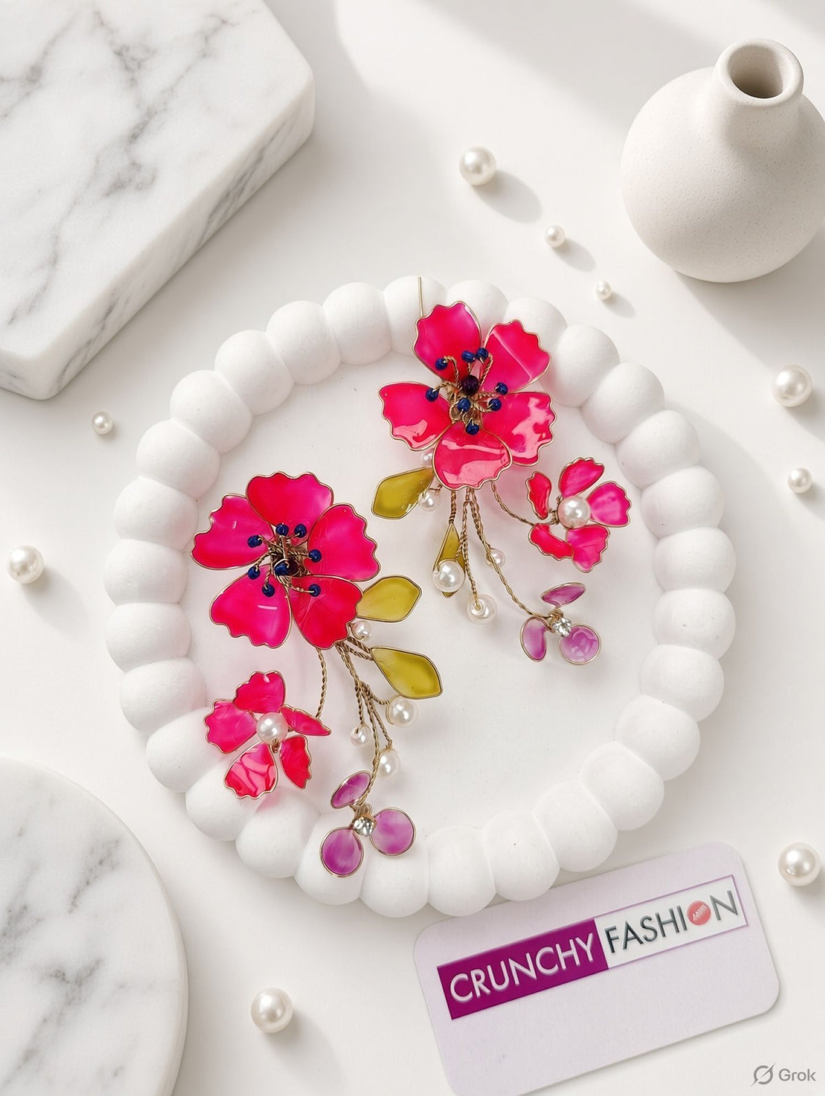 Hot pink floral resin earrings for women, lightweight leaf design