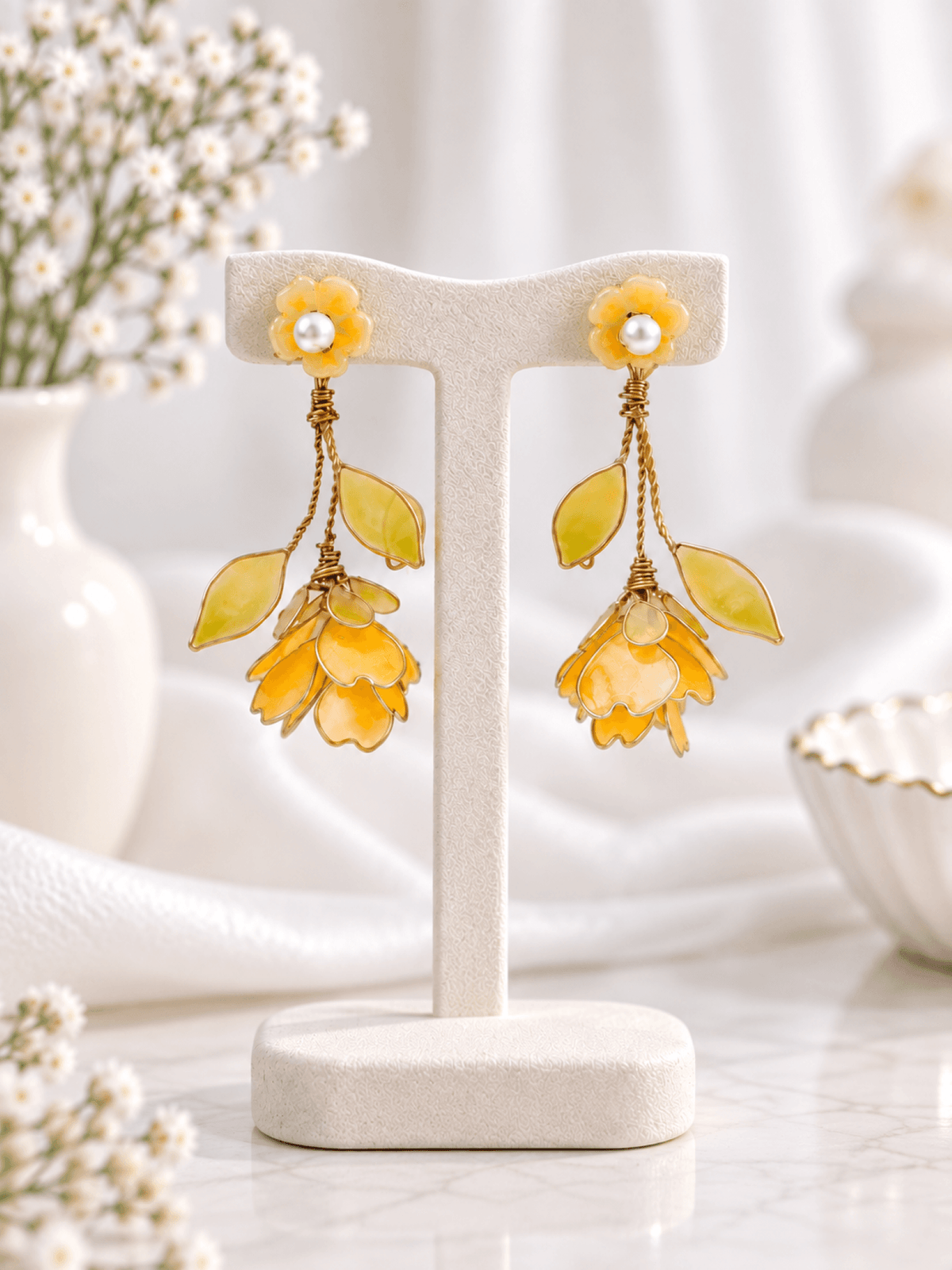 Yellow floral resin earrings for women, lightweight haldi mehendi