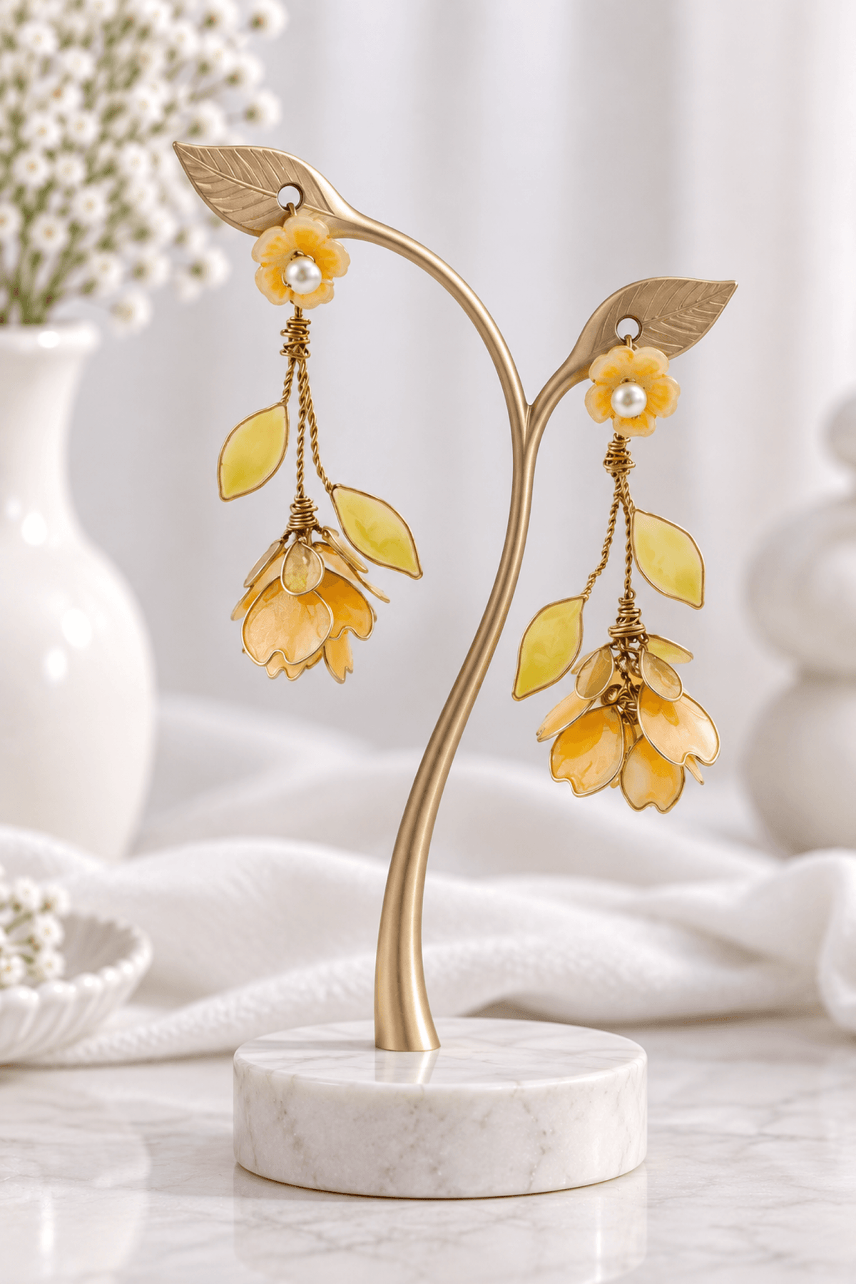 Yellow floral resin earrings for women, lightweight haldi mehendi