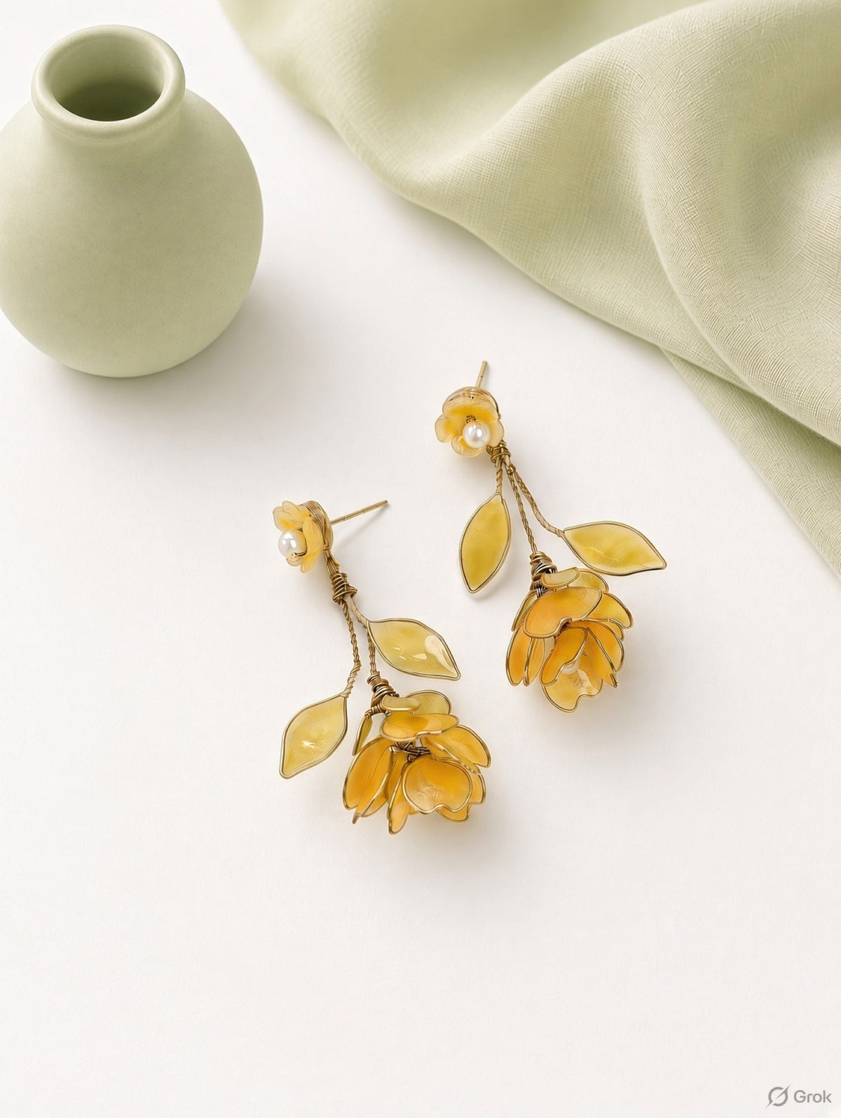 Yellow floral resin earrings for women, lightweight haldi mehendi