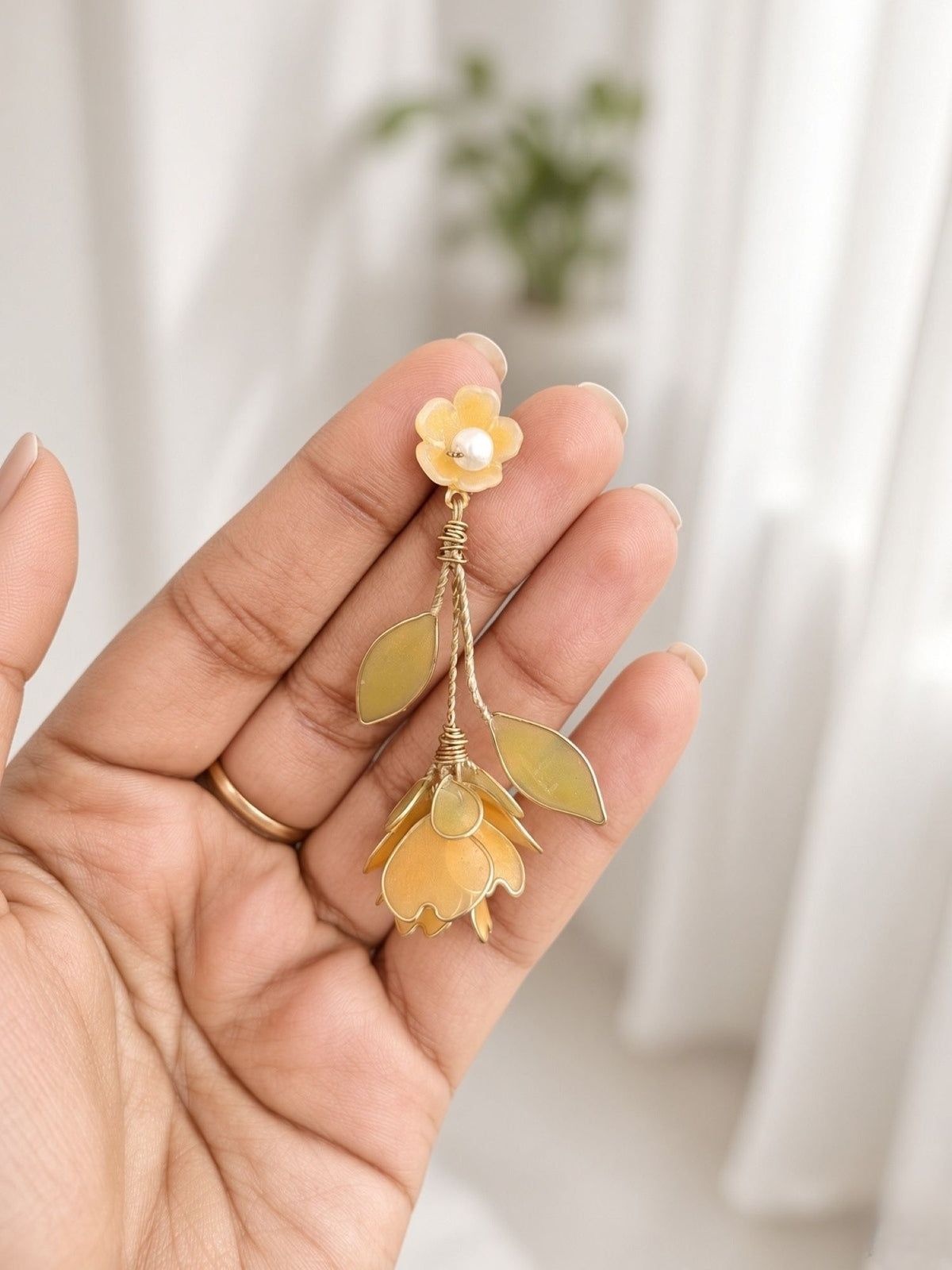 Yellow floral resin earrings for women, lightweight haldi mehendi