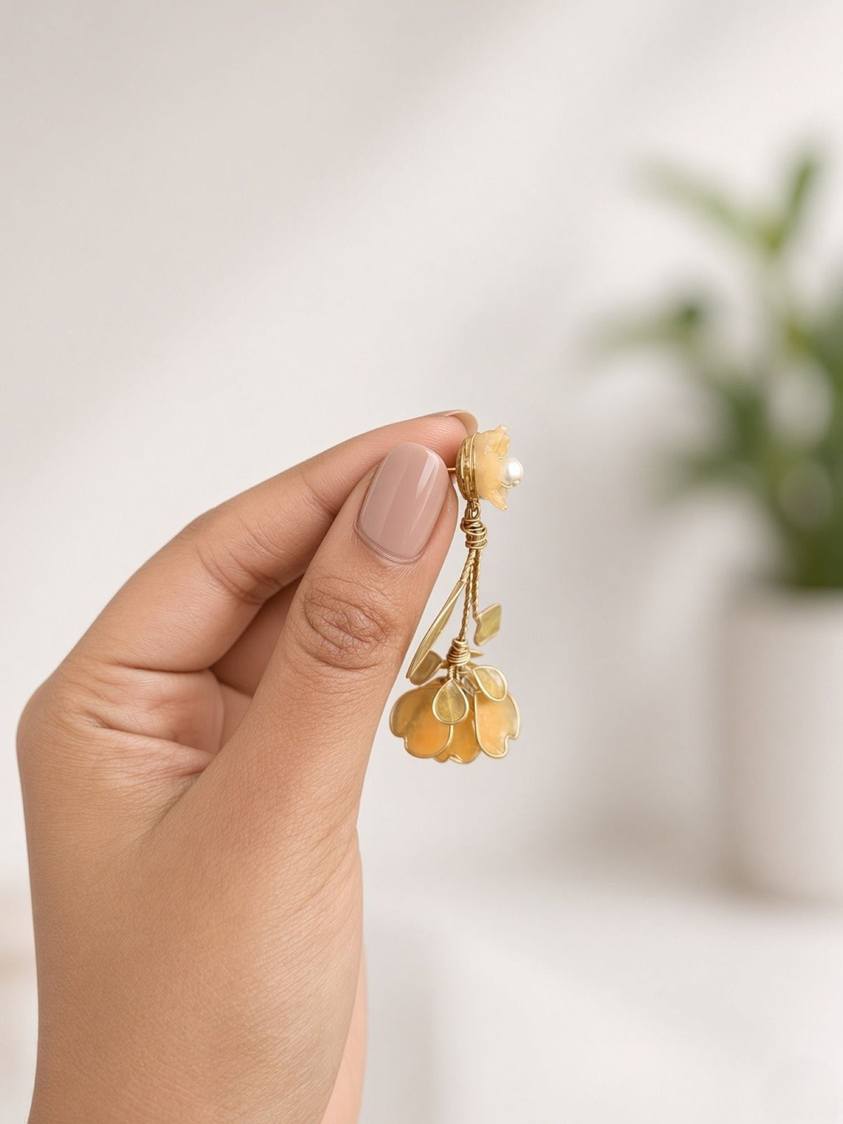 Yellow floral resin earrings for women, lightweight haldi mehendi