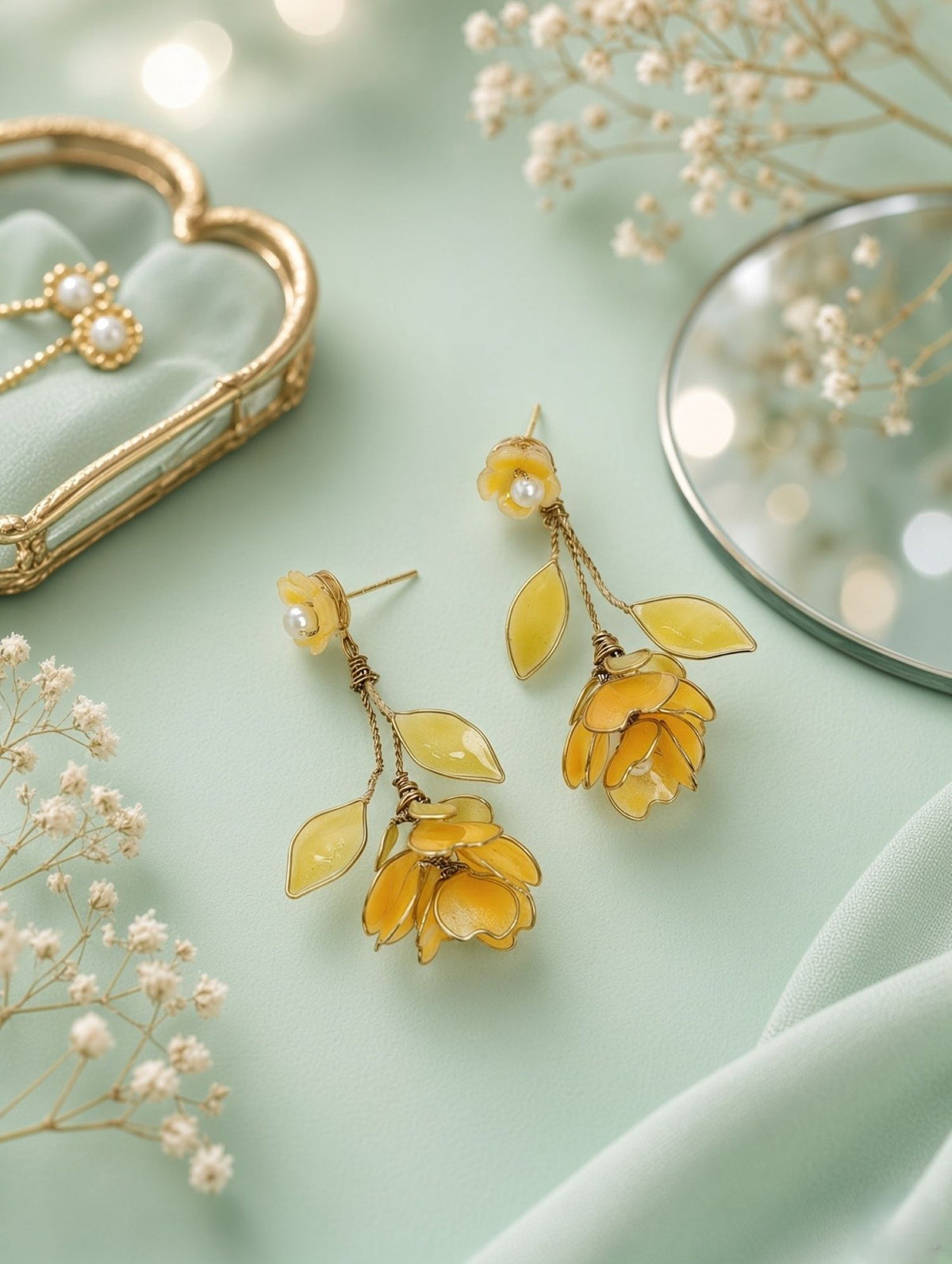 Yellow floral resin earrings for women, lightweight haldi mehendi