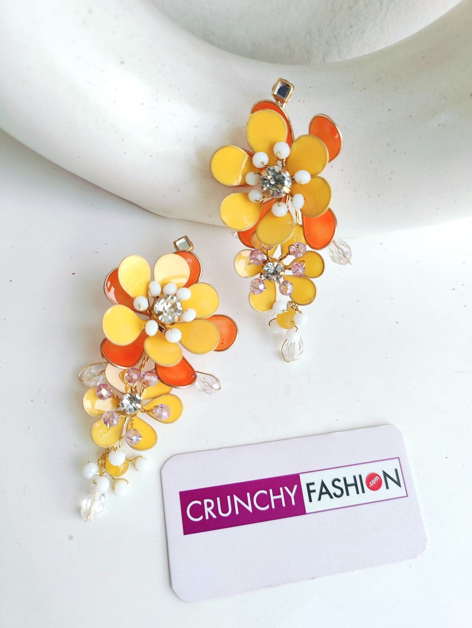 Sunset Blooms Yellow-Orange Resin Floral Drop Earrings for Haldi Carnival