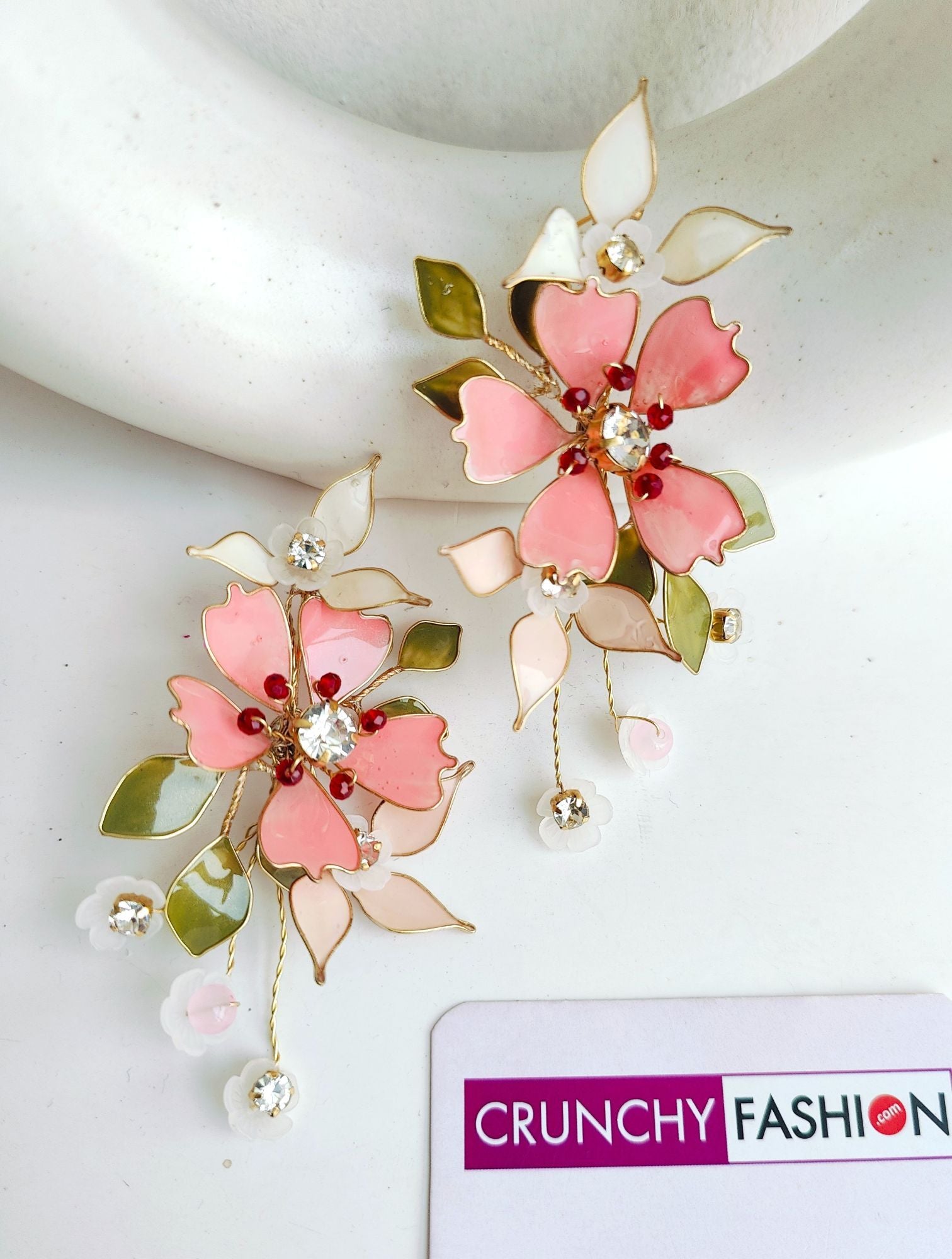 Pink-White Resin Floral Drop Earrings for Haldi Carnival
