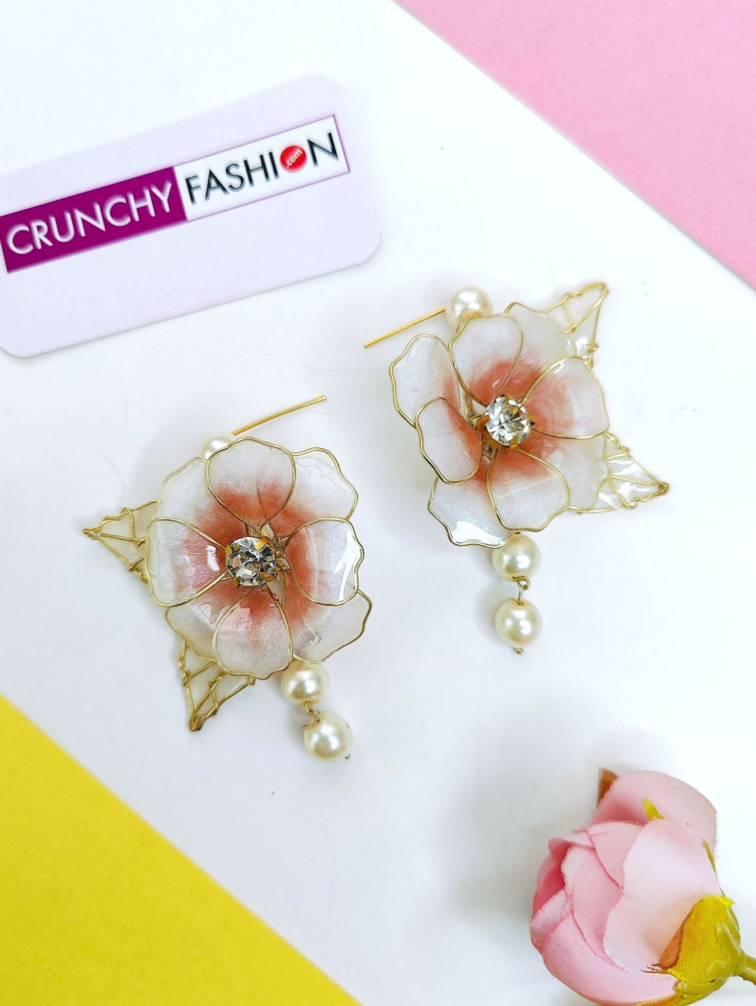 Pink-White Resin Floral Haldi Drop Earrings