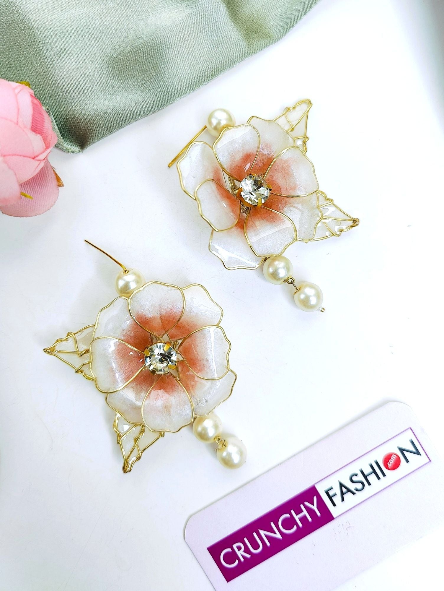 Pink-White Resin Floral Haldi Drop Earrings