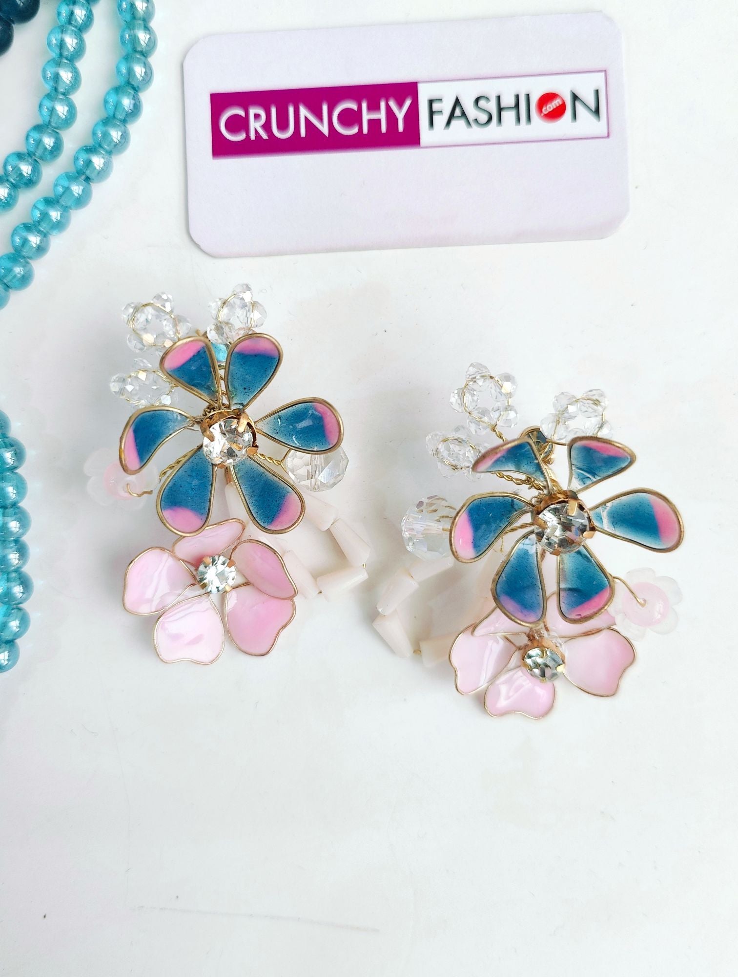 Blue-Pink Resin Floral Drop Earrings for Haldi