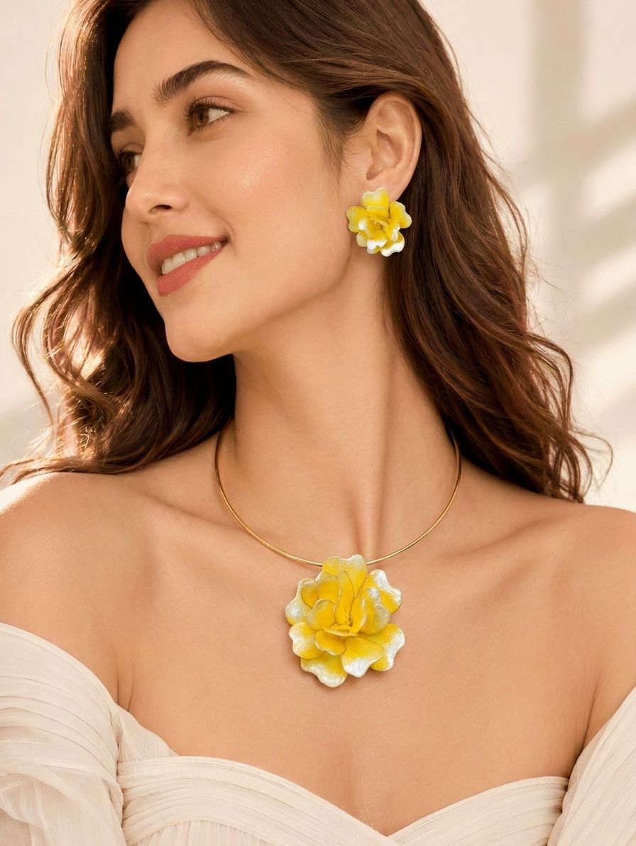 yellow resin necklace set, handmade floral jewellery for women