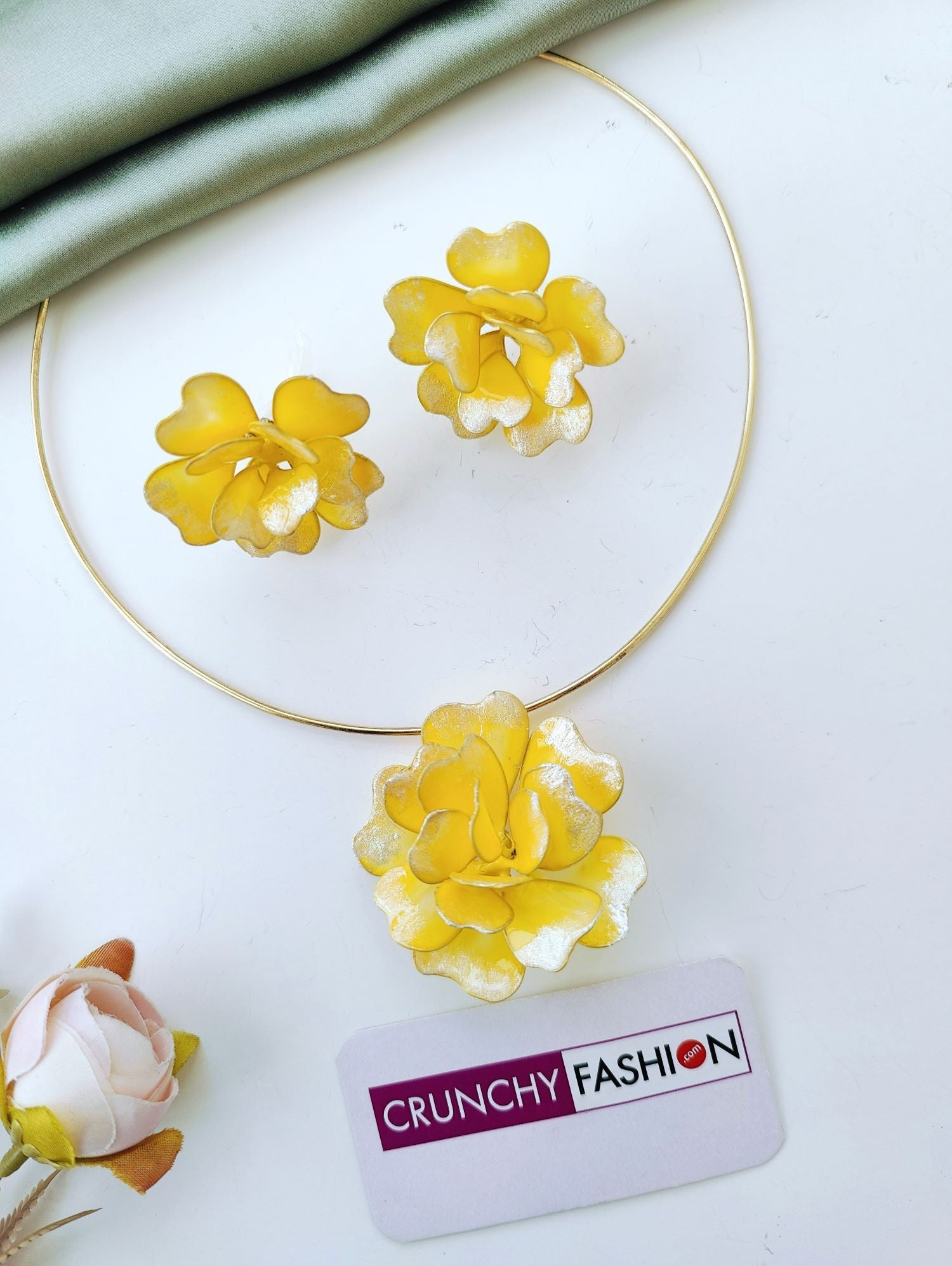 yellow resin necklace set, handmade floral jewellery for women