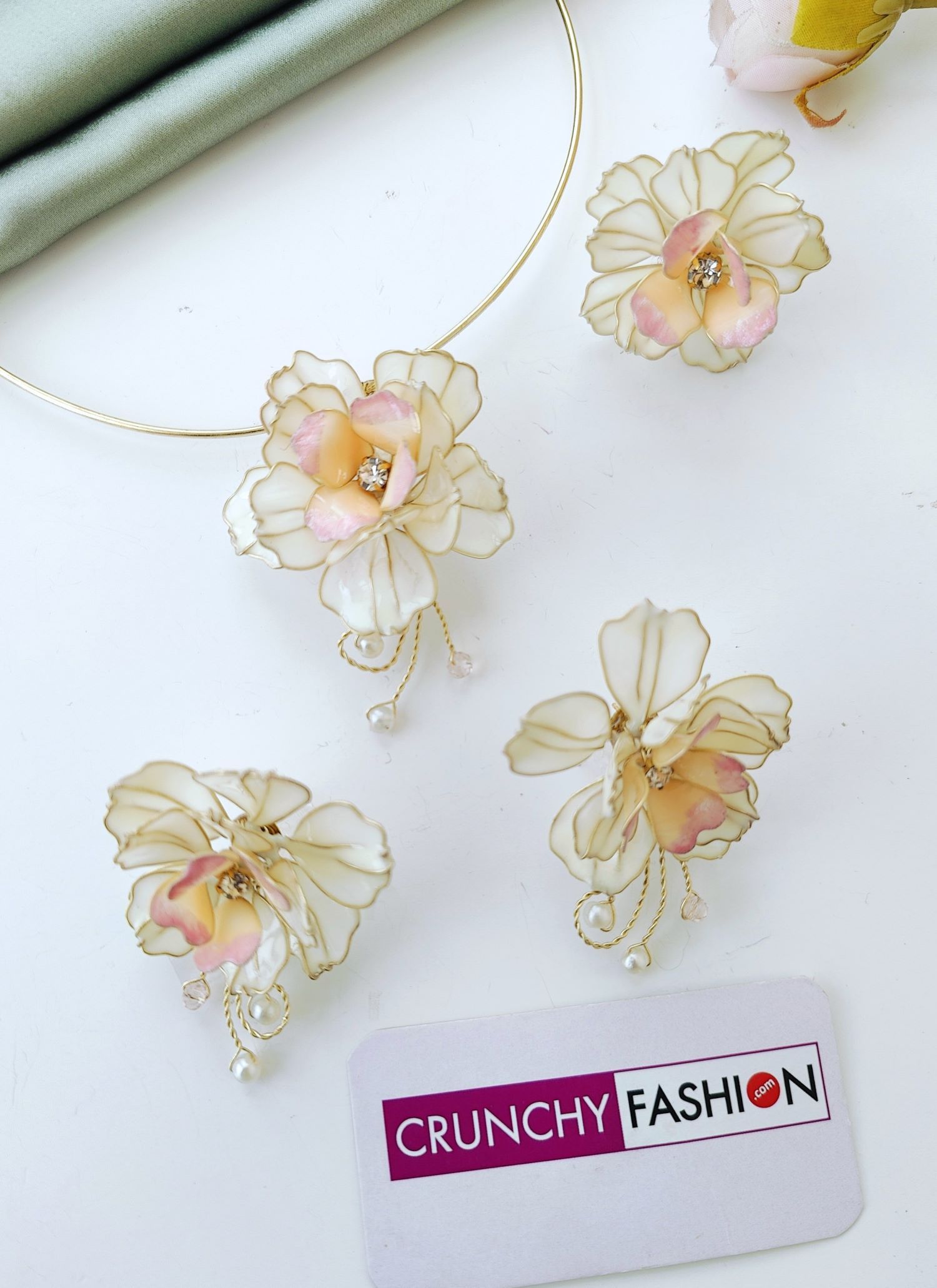 off white resin necklace set, rose floral jewellery for women