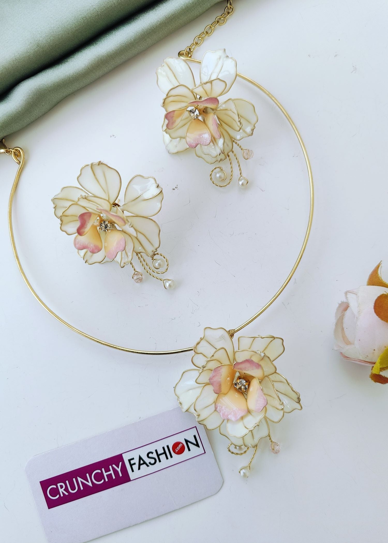 off white resin necklace set, rose floral jewellery for women