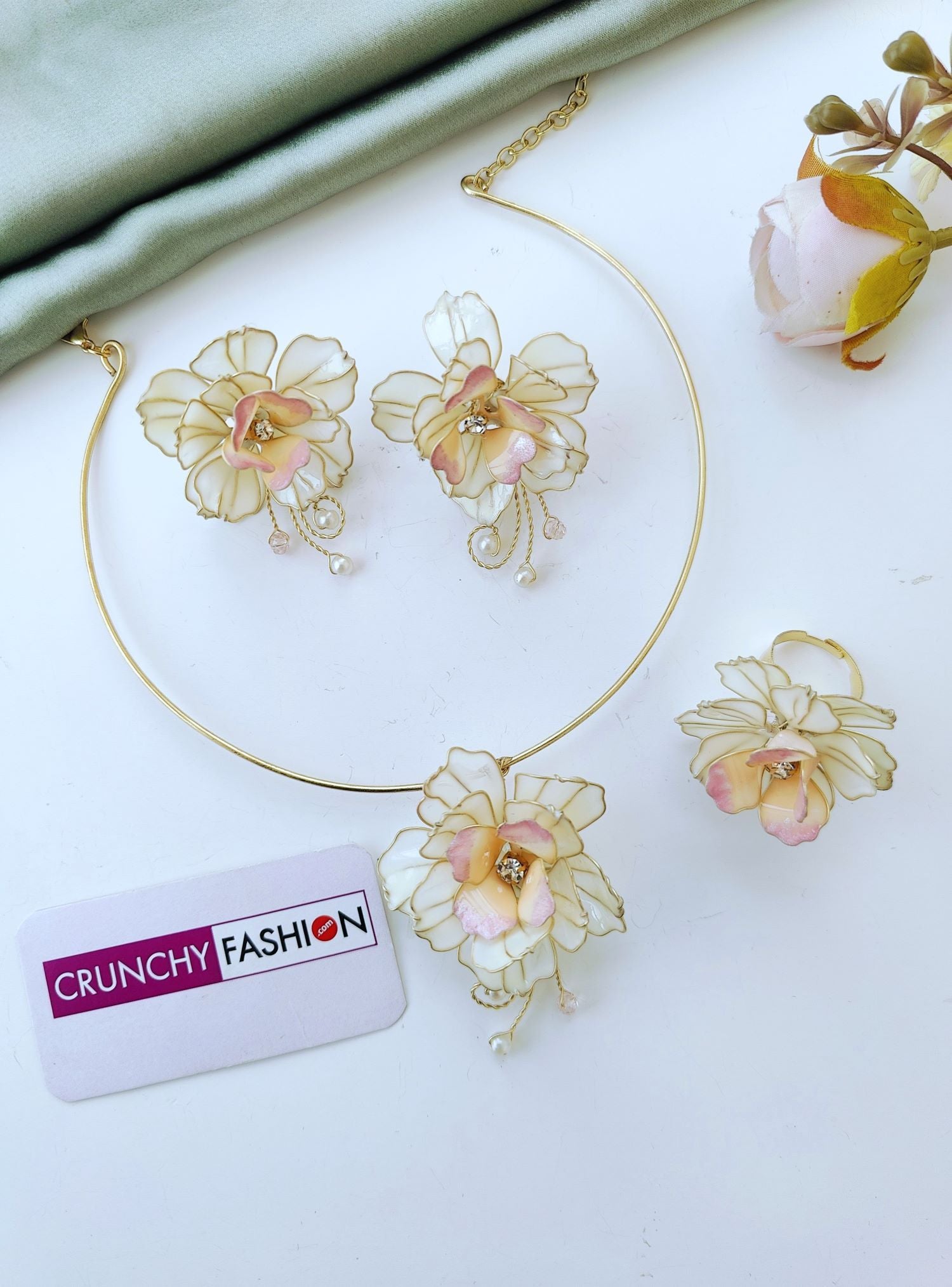 off white resin necklace set, rose floral jewellery for women