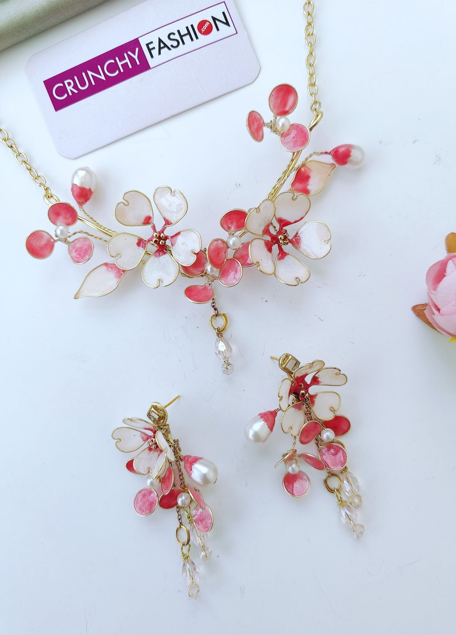 blush pink resin necklace set, lightweight floral jewellery for wedding