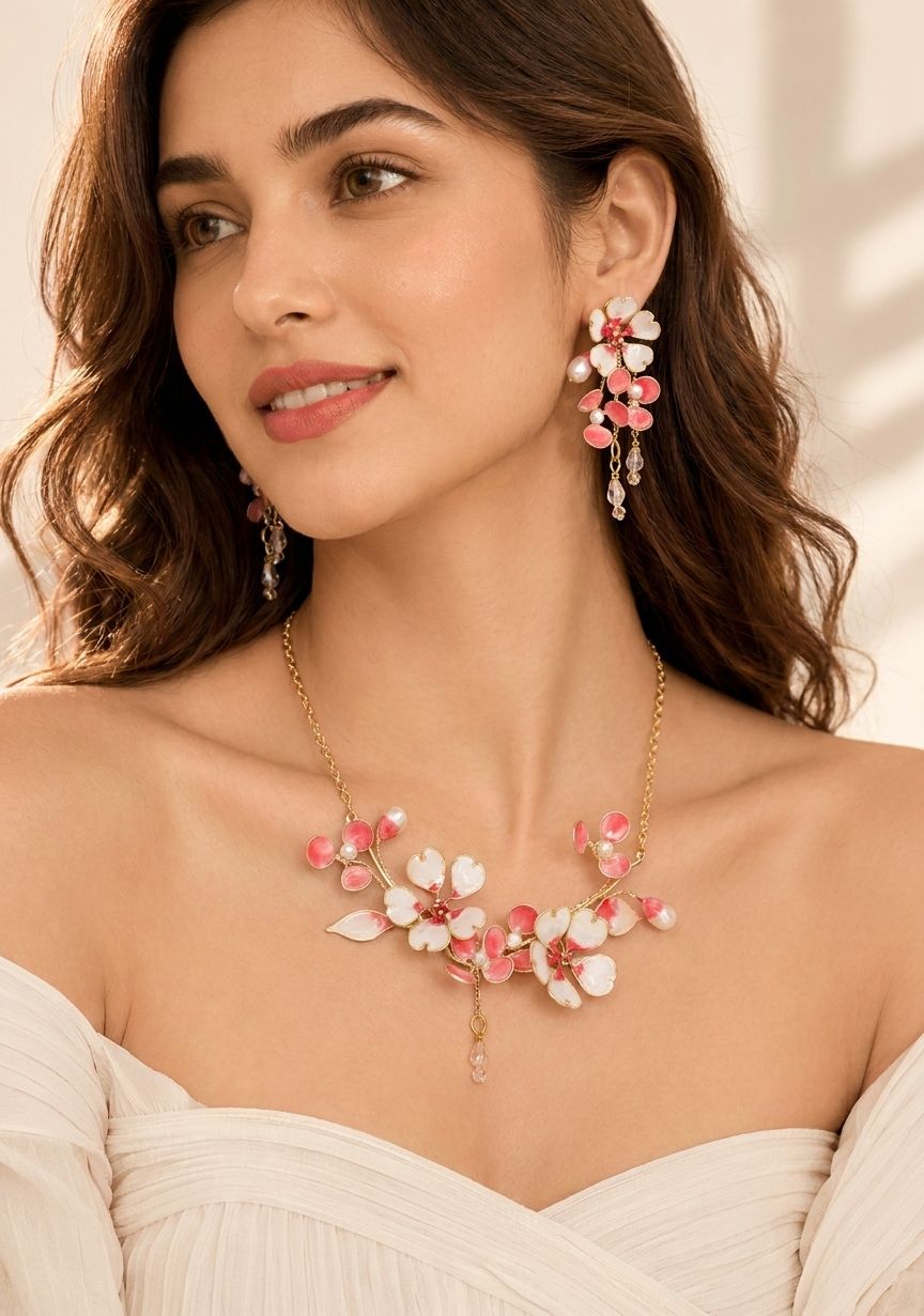 blush pink resin necklace set, lightweight floral jewellery for wedding