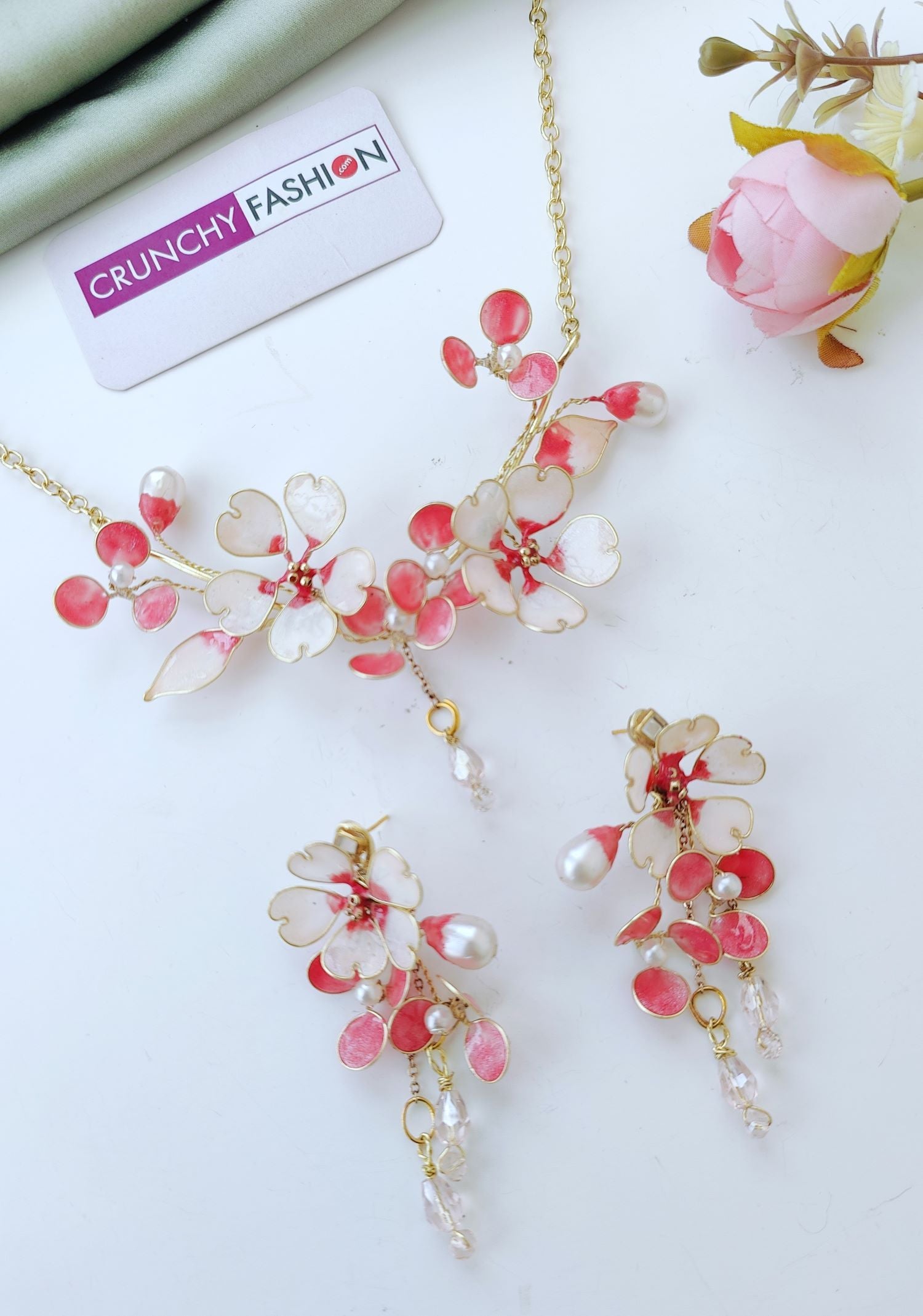blush pink resin necklace set, lightweight floral jewellery for wedding