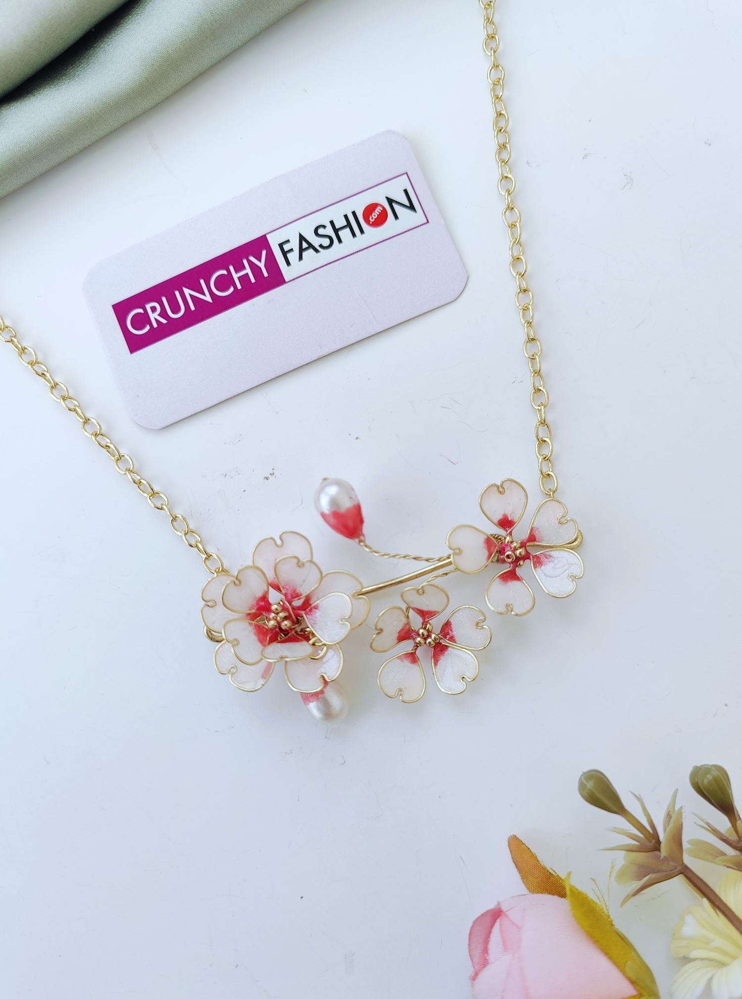 pink resin necklace for women, floral handmade jewellery, lightweight