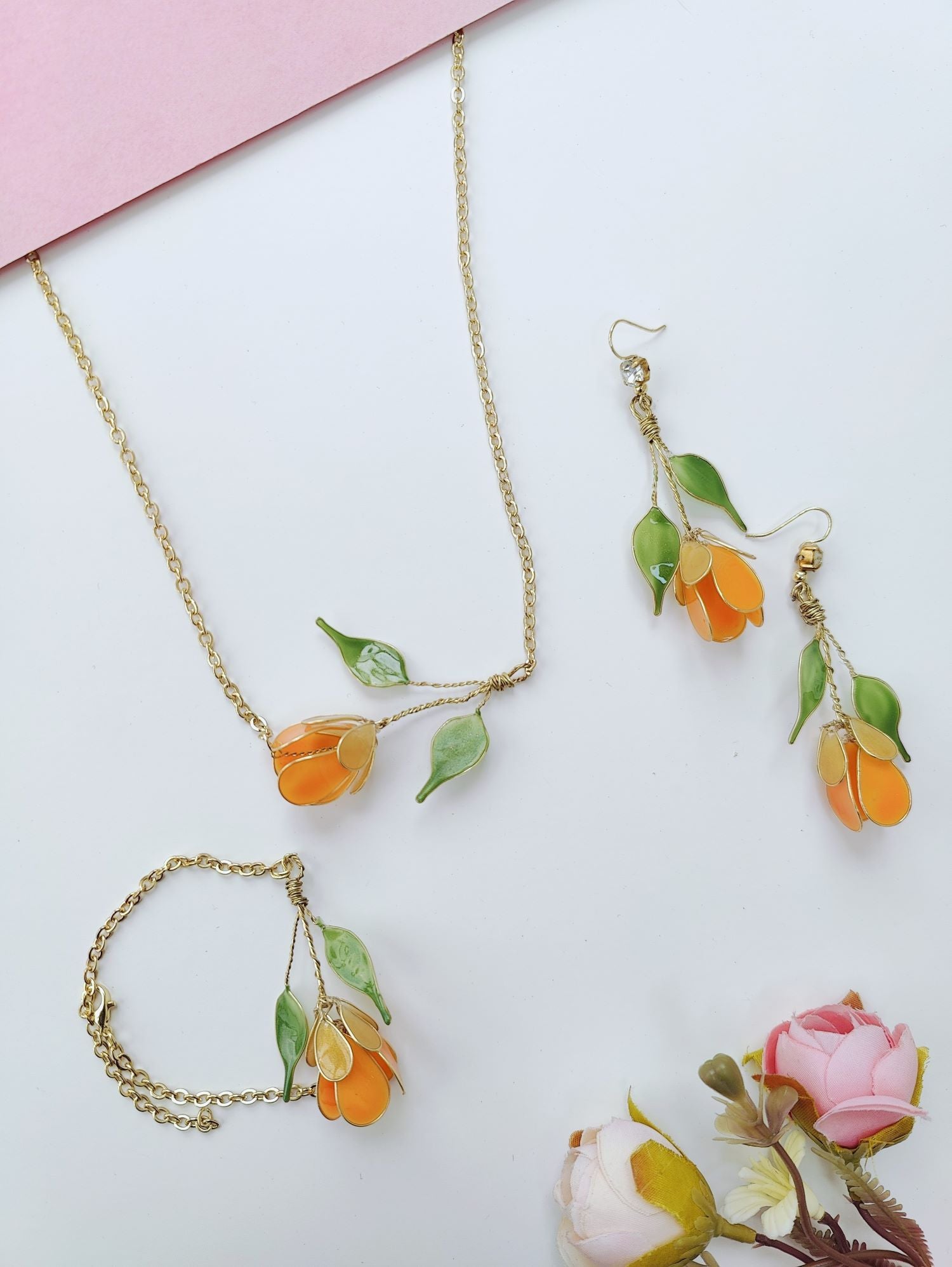 Orange tulip resin necklace set, lightweight floral jewellery for women