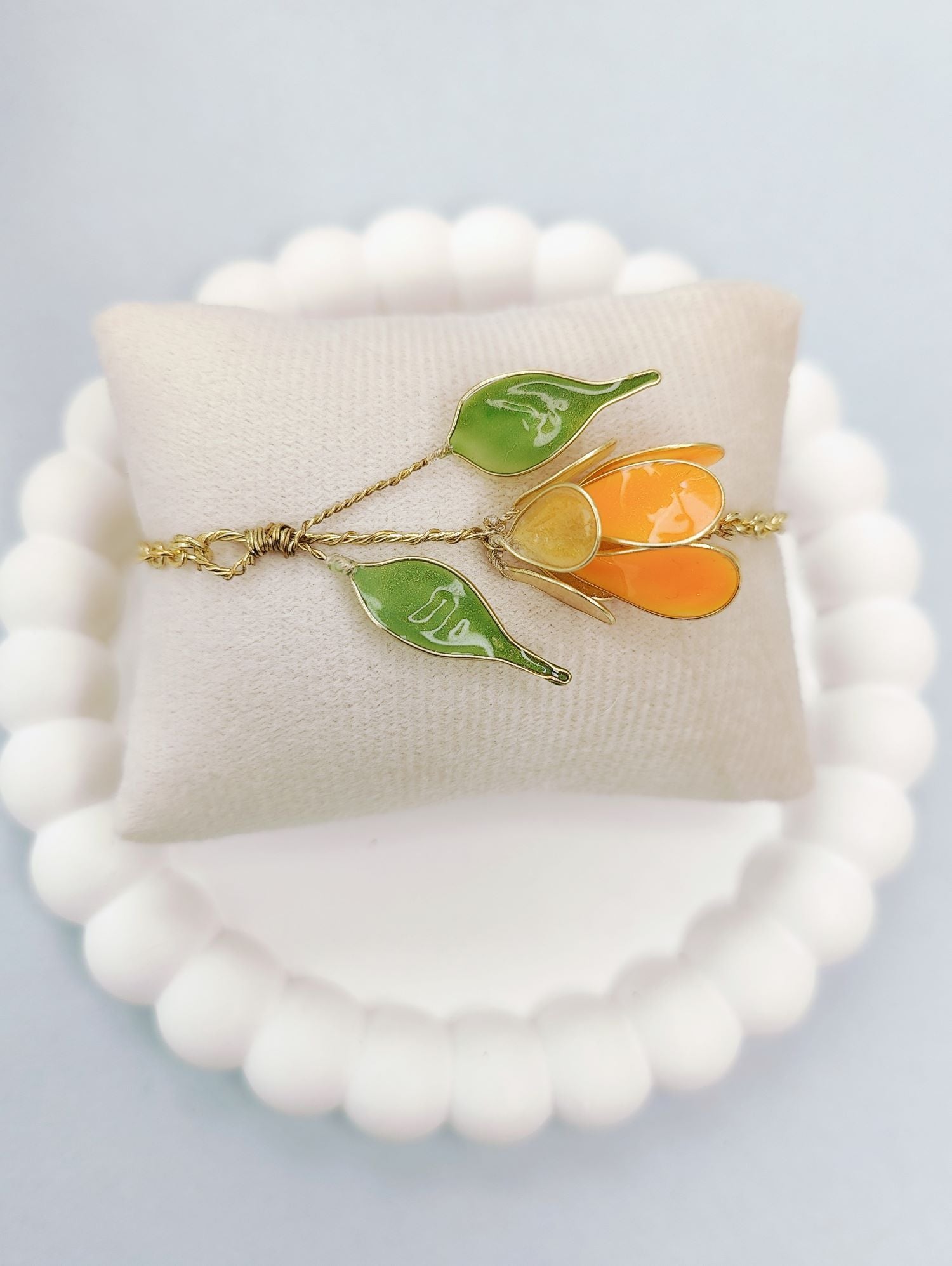 Orange tulip resin necklace set, lightweight floral jewellery for women
