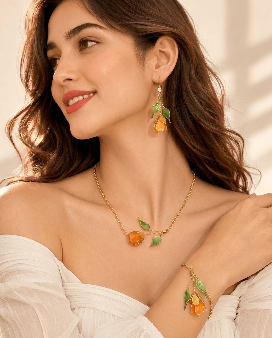Orange tulip resin necklace set, lightweight floral jewellery for women