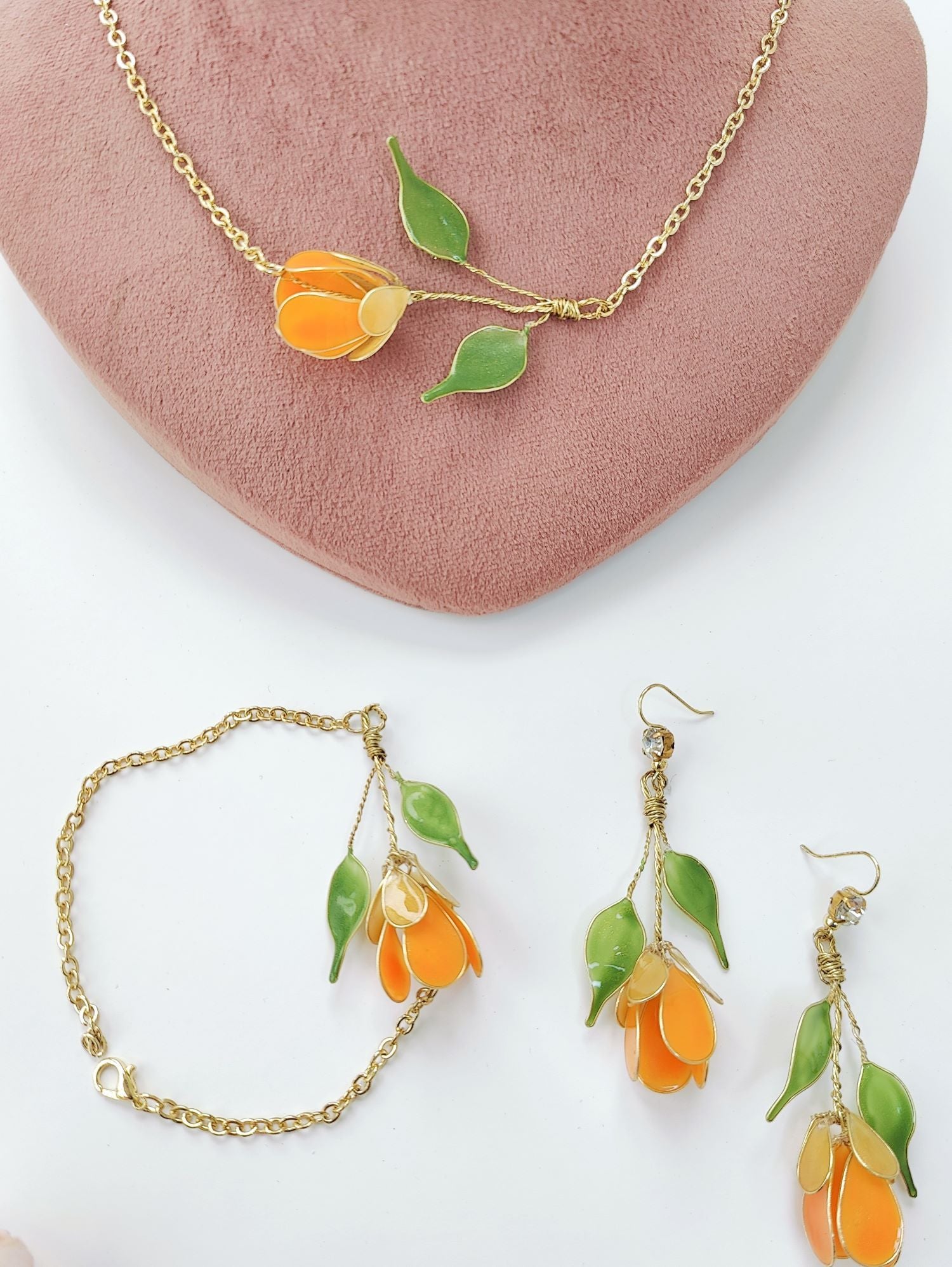 Orange tulip resin necklace set, lightweight floral jewellery for women