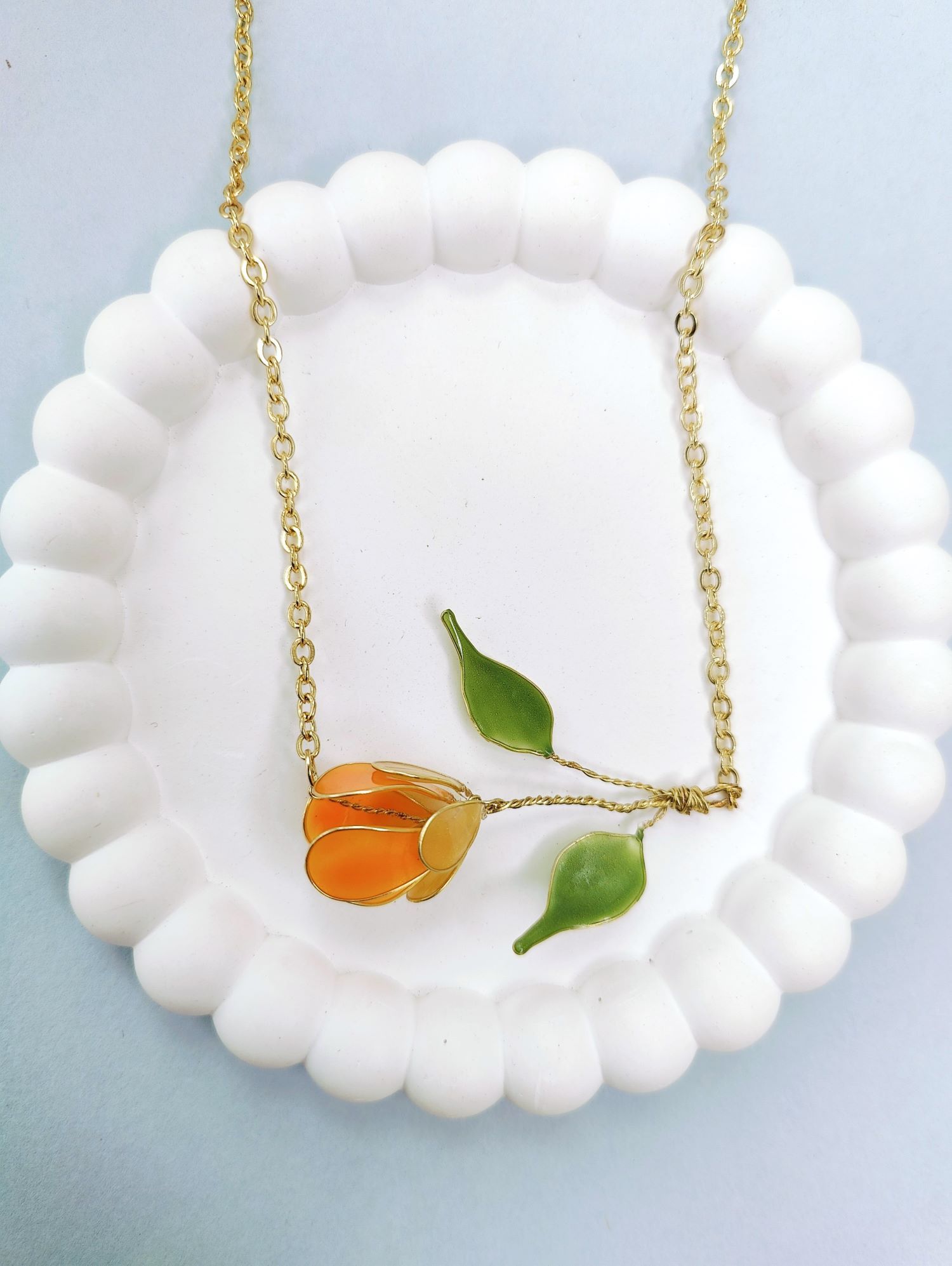 Orange tulip resin necklace set, lightweight floral jewellery for women