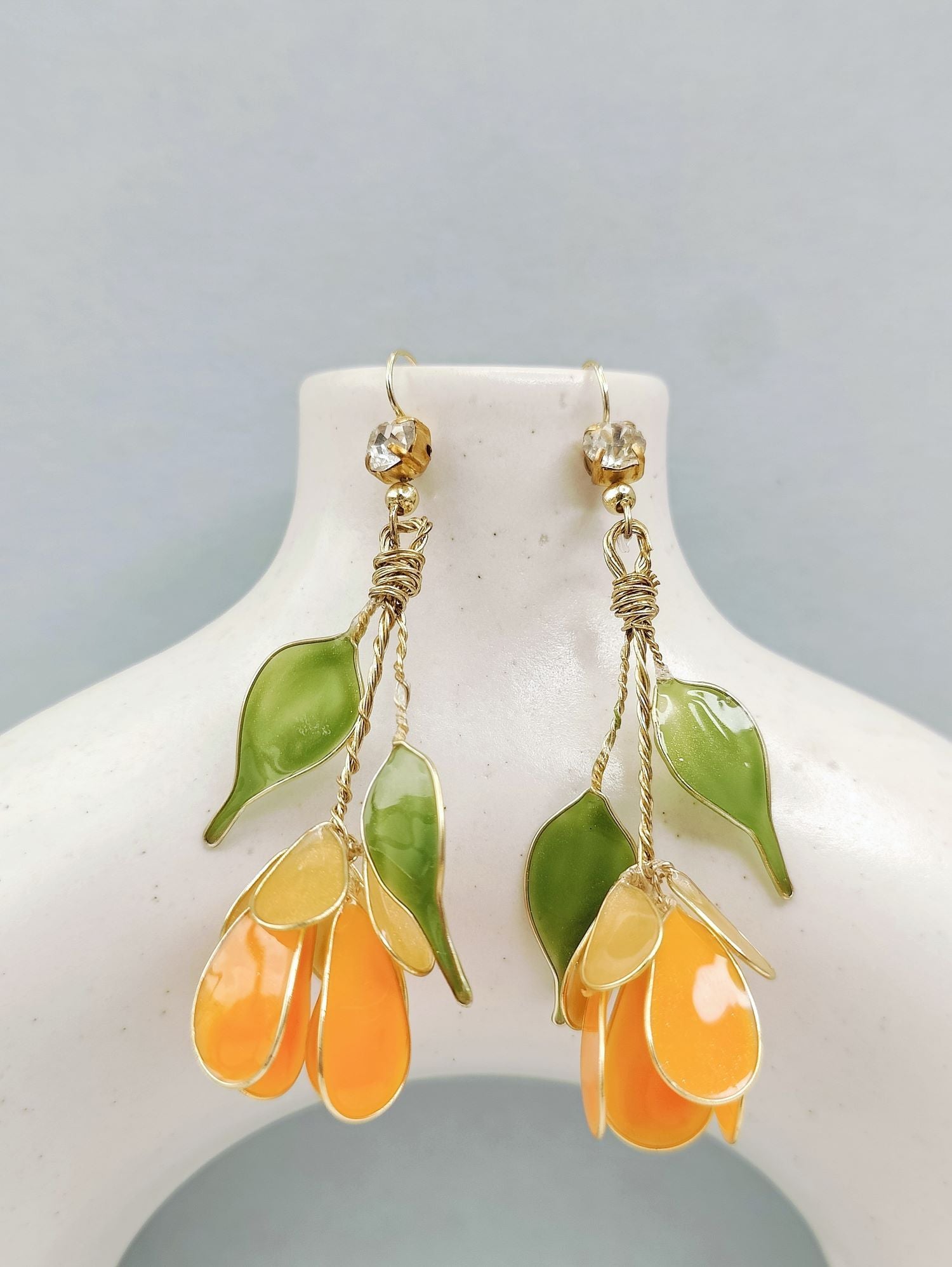 Orange tulip resin necklace set, lightweight floral jewellery for women