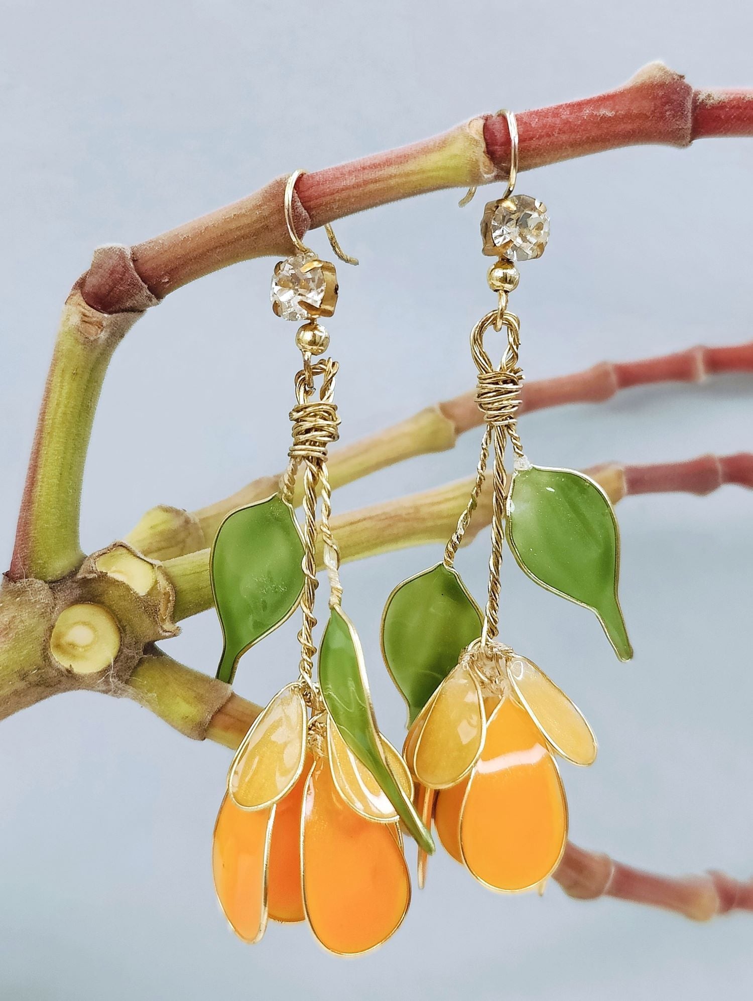 Orange tulip resin necklace set, lightweight floral jewellery for women