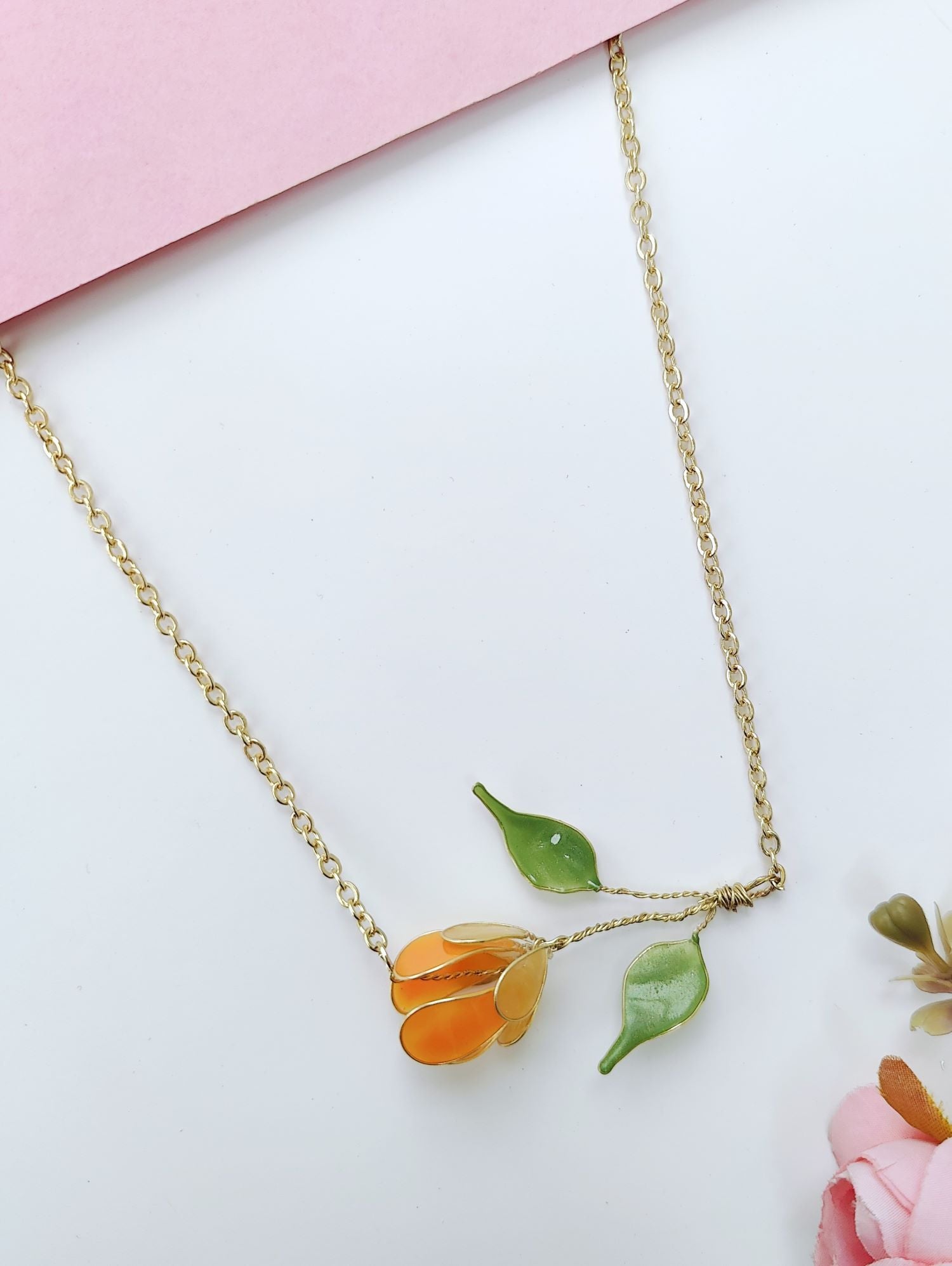 Orange tulip resin necklace set, lightweight floral jewellery for women