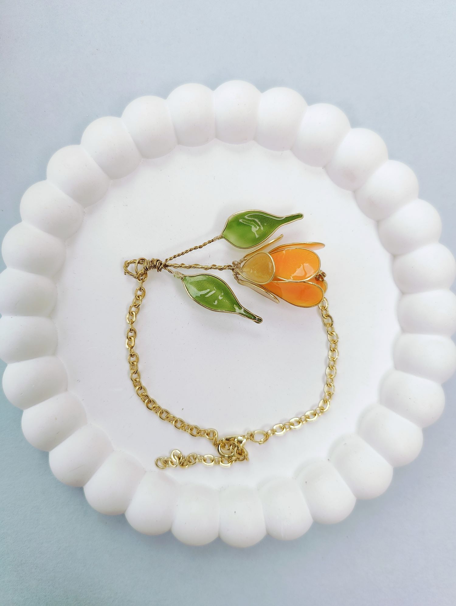 Orange tulip resin necklace set, lightweight floral jewellery for women