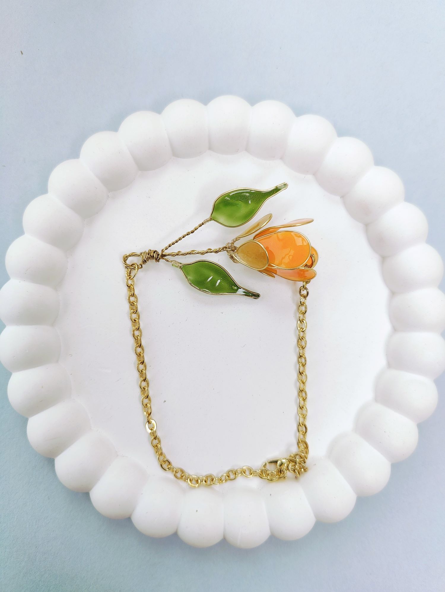 Orange tulip resin necklace set, lightweight floral jewellery for women