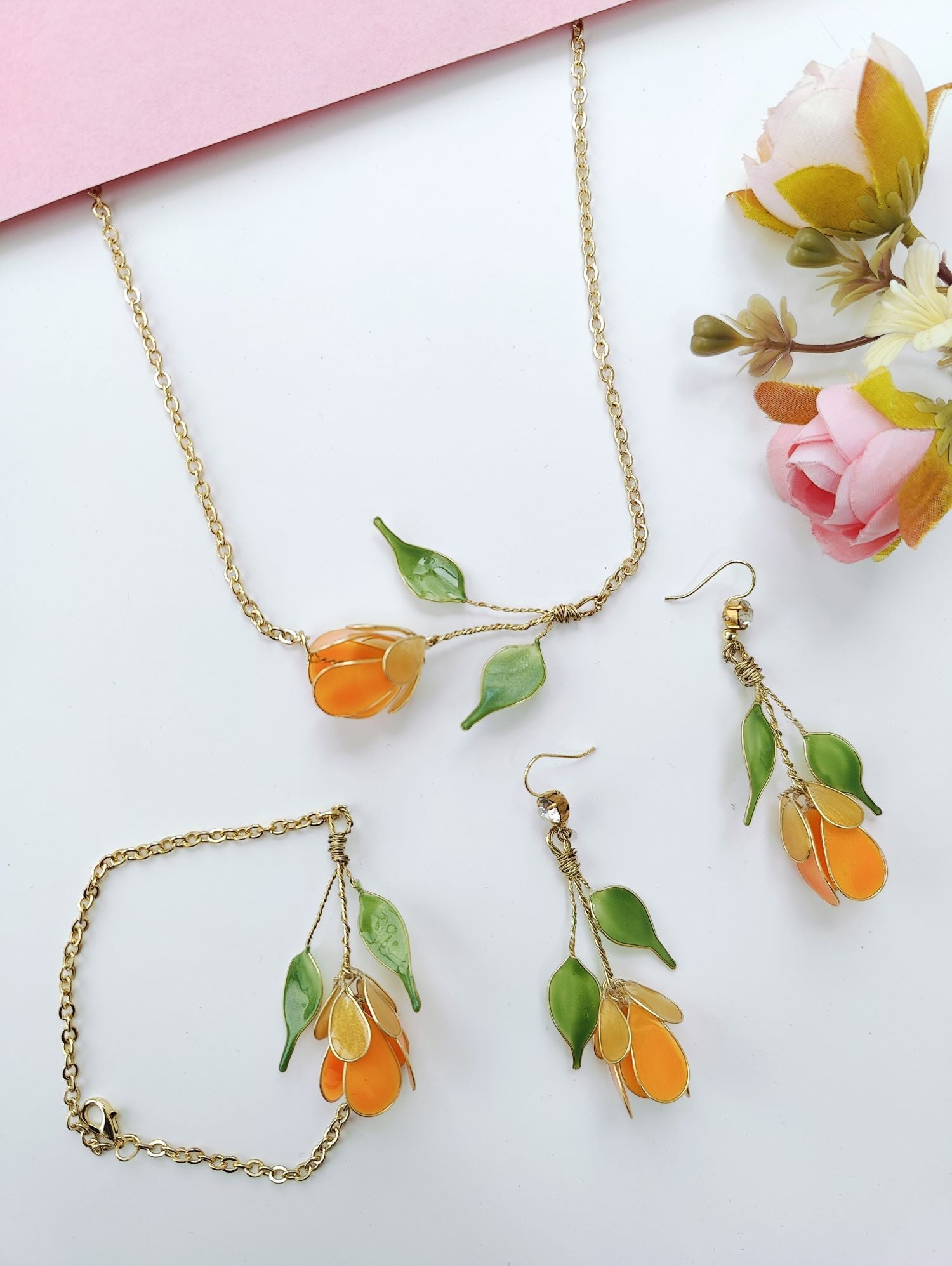 Orange tulip resin necklace set, lightweight floral jewellery for women