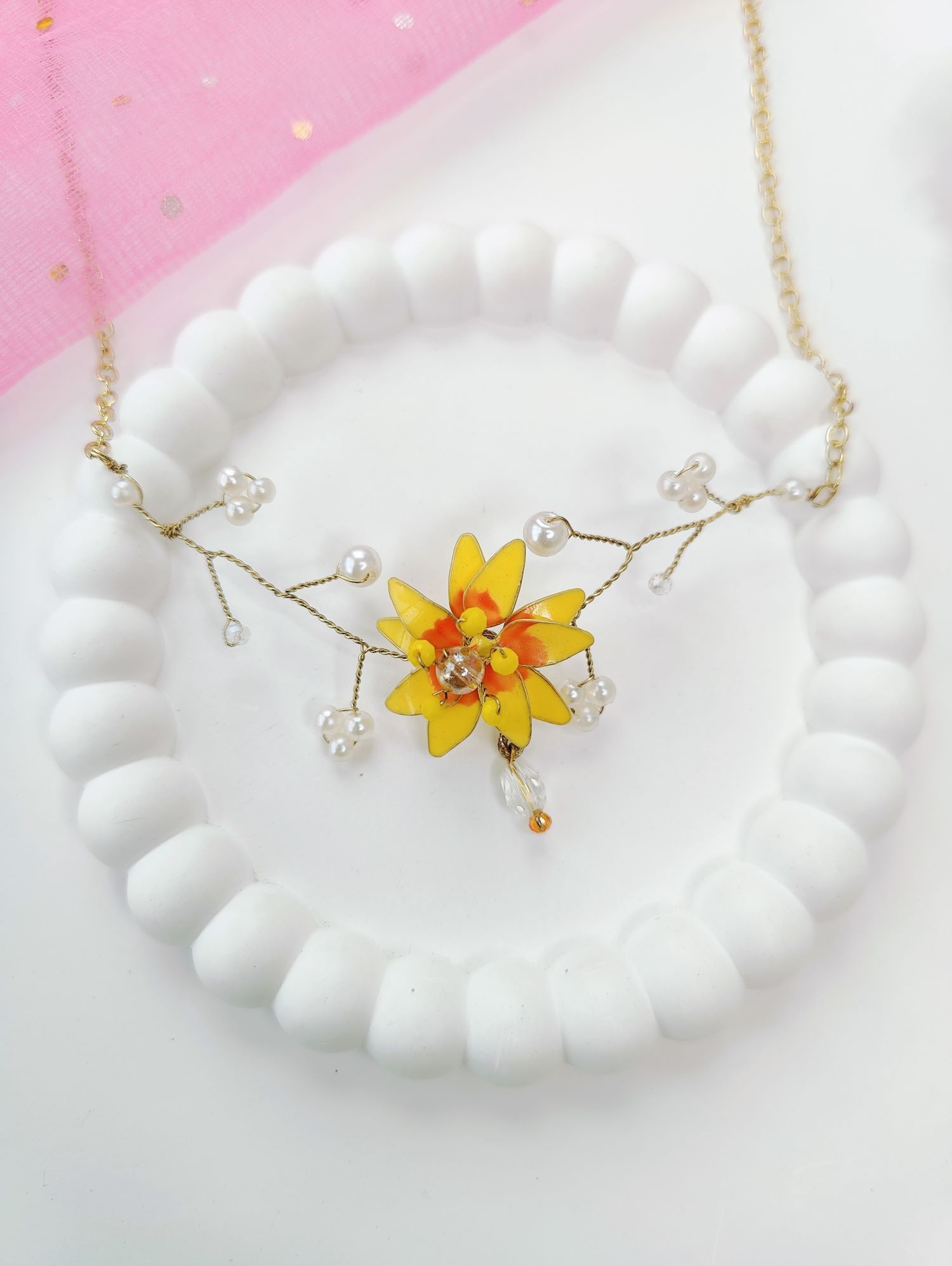 yellow resin necklace set, sunflower floral handmade jewellery